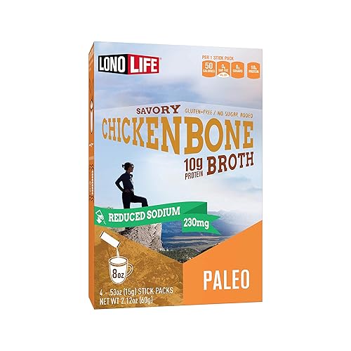 LonoLife - Sobres individuales de caldo de huesos de pollo bajo en sodio 0.35onzas de proteína, apto para dieta Keto, 4 porciones individuales para