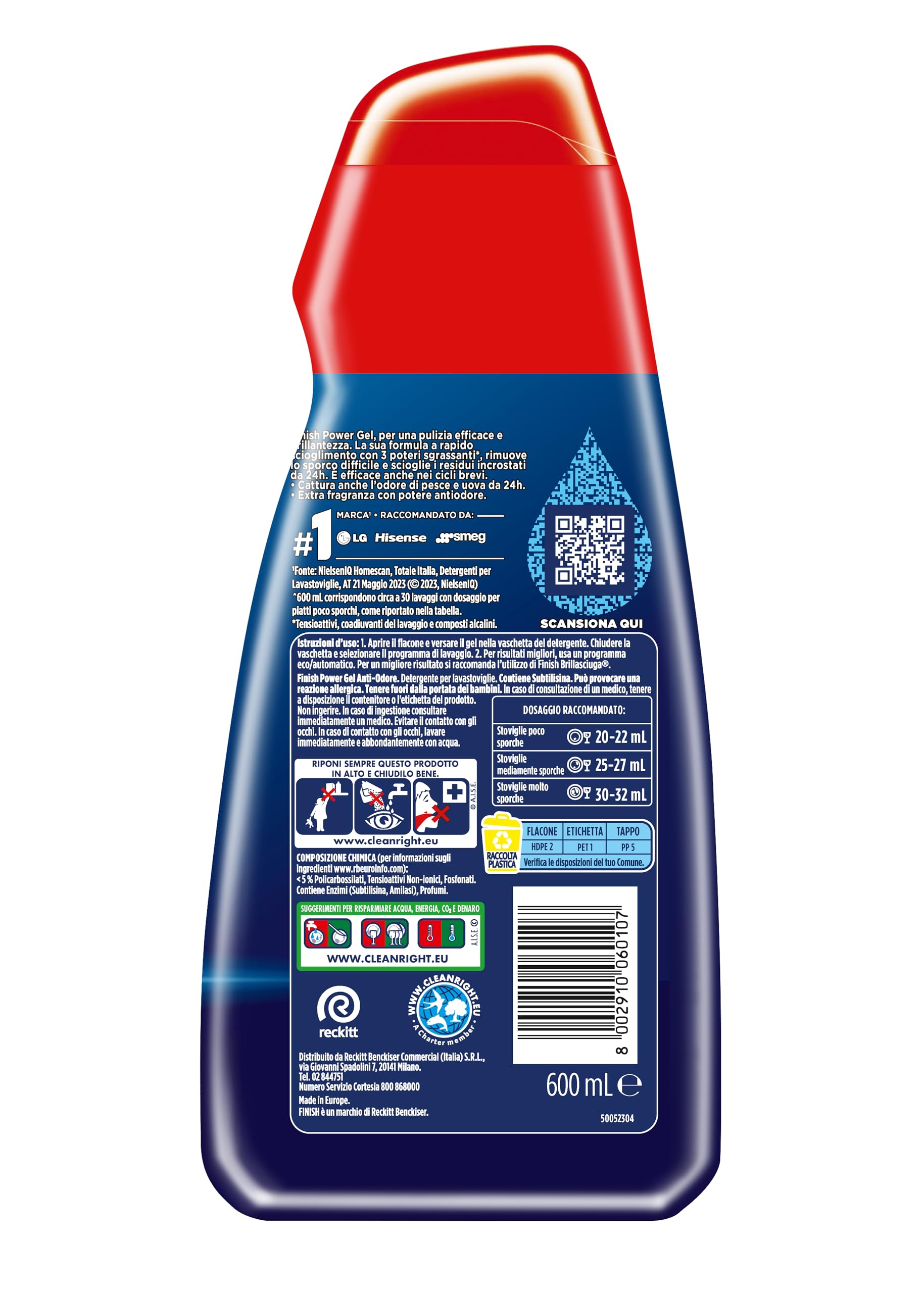 Finish Powergel Detersivo Lavastoviglie Anti Odore, Gel Lavastoviglie, 210 Lavaggi, 7 Confezioni da 30 Lavaggi