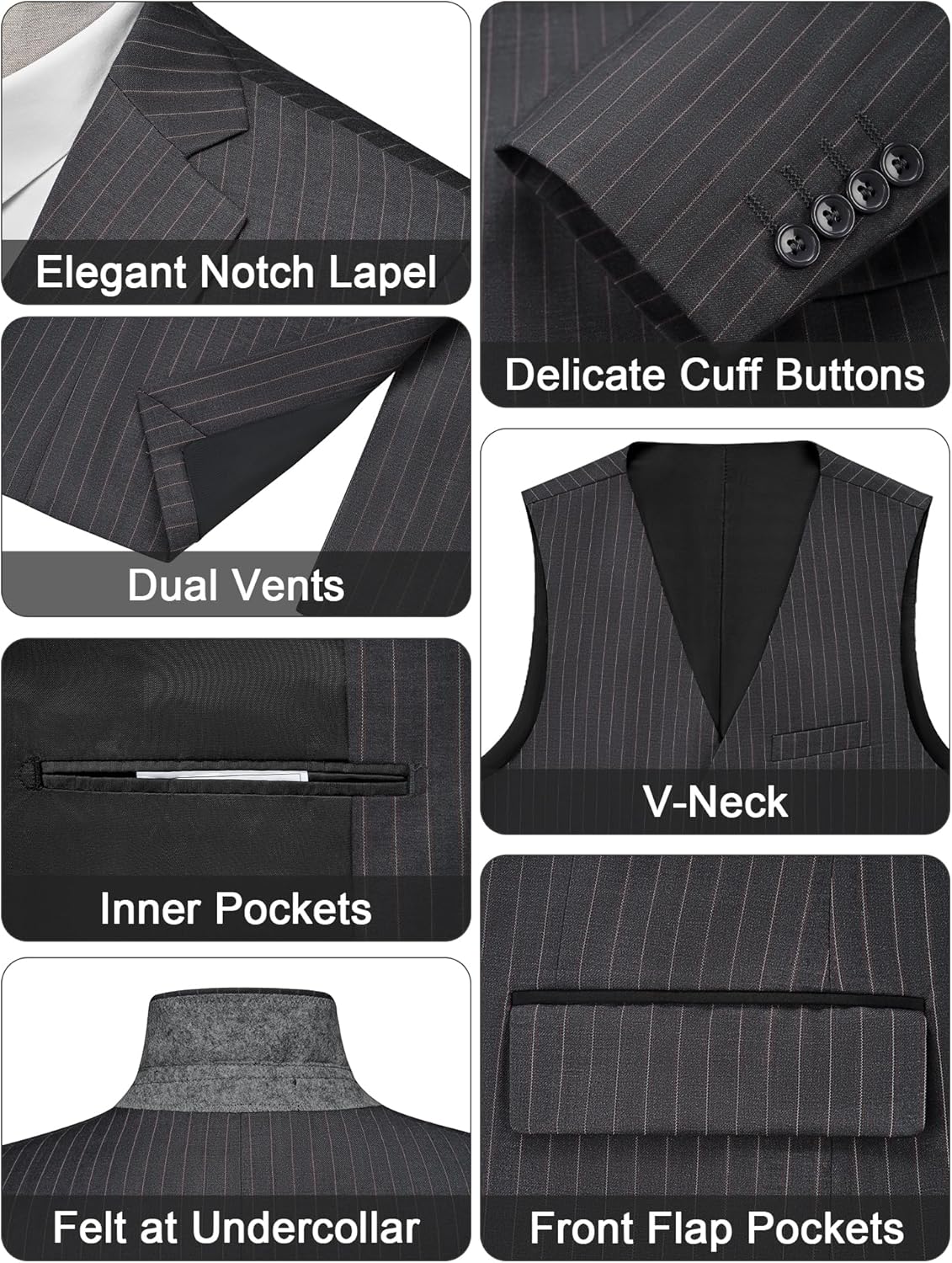 MAGE MALE Men’s Pinstripe 3 Piece Suit Slim Fit Elegant Single Breasted Business Wedding Party Blazer Vest& Pants Set