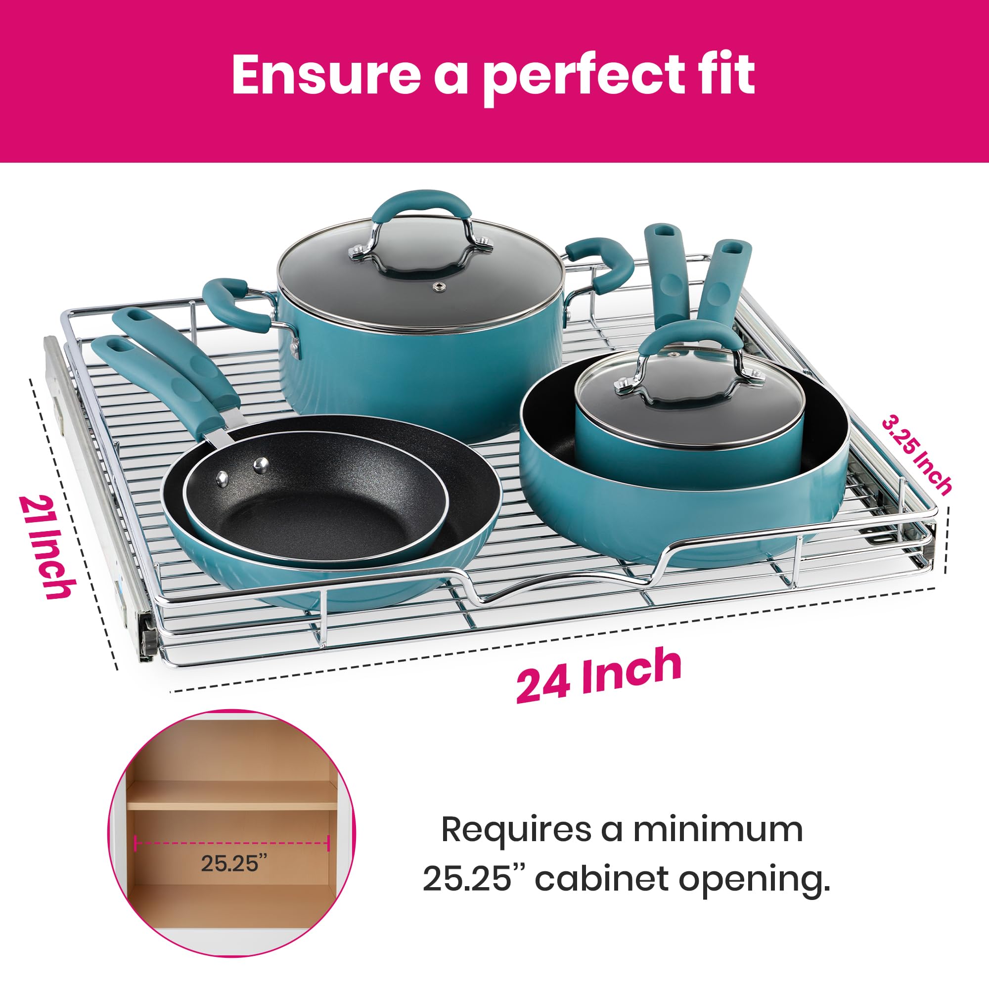 HOLDN' STORAGE Ausziehbarer Schrank-Organizer, robuster Caddy, 61 cm B x 53,3 cm T, benötigt mindestens 64,1 cm breite Schranköffnung, Stahl-Metall-Schrankschubladen, ausziehbar, Chrom