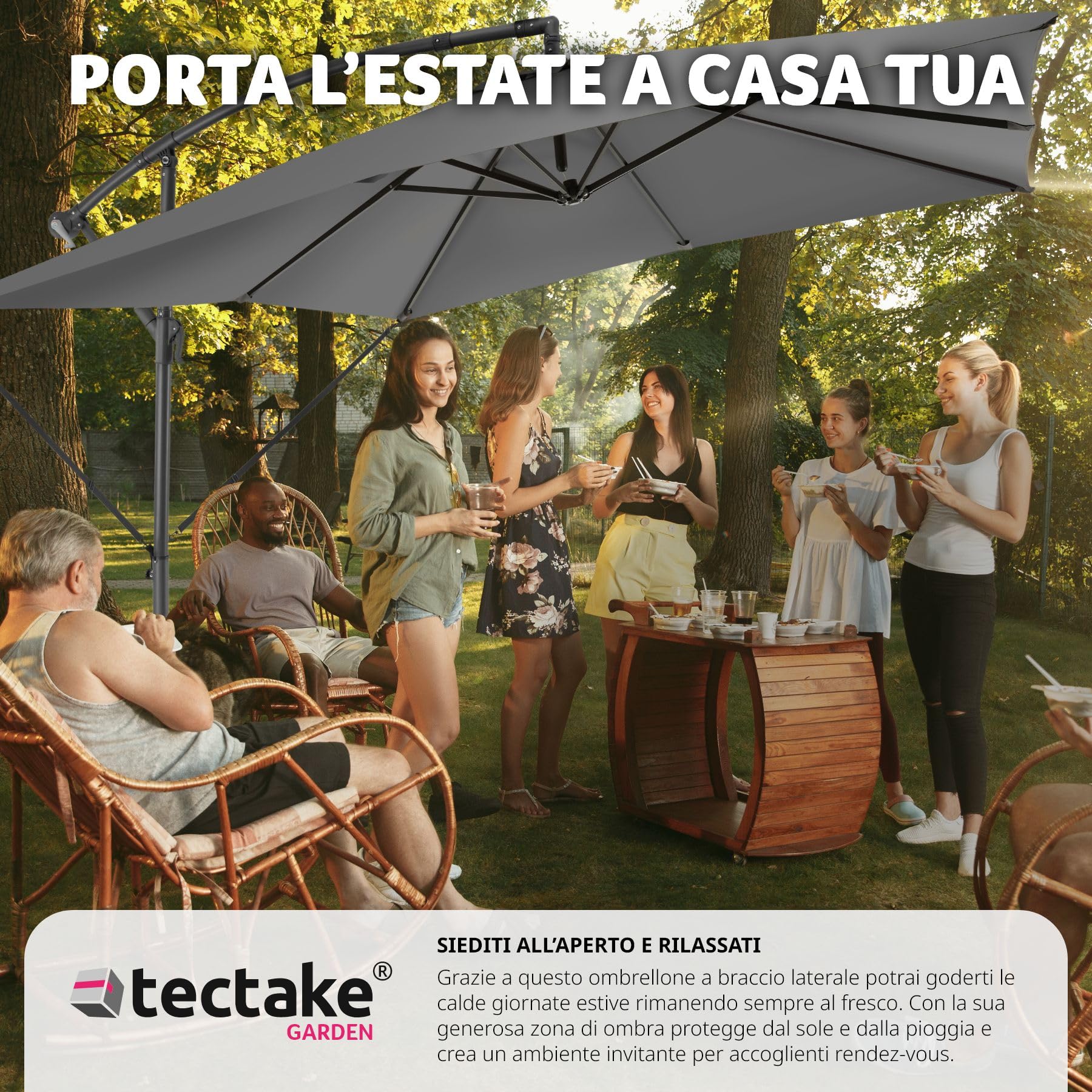 tectake® Ombrellone Apollon, 2,5x3m, Grigio Chiaro, con Manovella, Inclinazione Regolabile, Tessuto Idrorepellente, Inclusa Custodia Protettiva, Ombrellone da Giardino