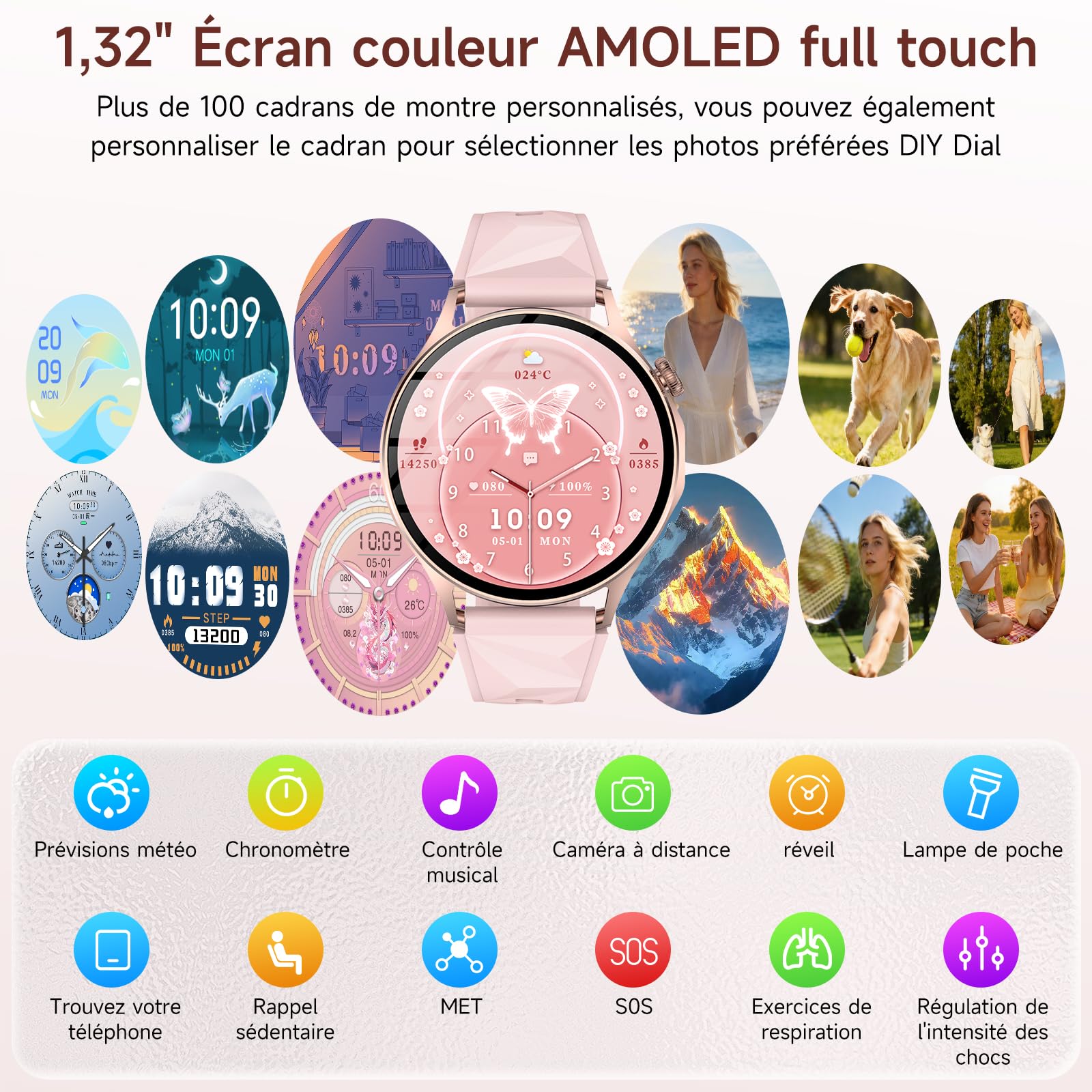 YUPENG Nouv’ Montre Connectée Femme avec ECG+HRV/Pressιon artérιelle/Acide Urique/IMC/Santé Féminine, 1,32" AMOLED Smartwatch avec 24H Fréquence Cardiaque/Sommeil/SOS/SpO2, Android iOS