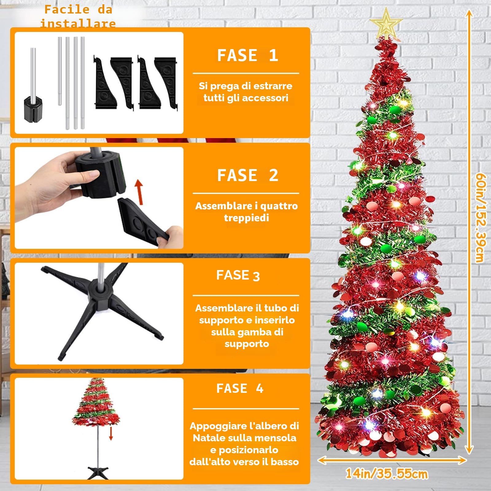 Albero di Natale Pieghevole Pop Up, Albero di Natale Artificiale a Paillettes 150cm con 50 Luci a LED, Alimentazione USB, Paillettes Scintillanti, Decorazione Natalizia per Interni ed Esterni, Casa