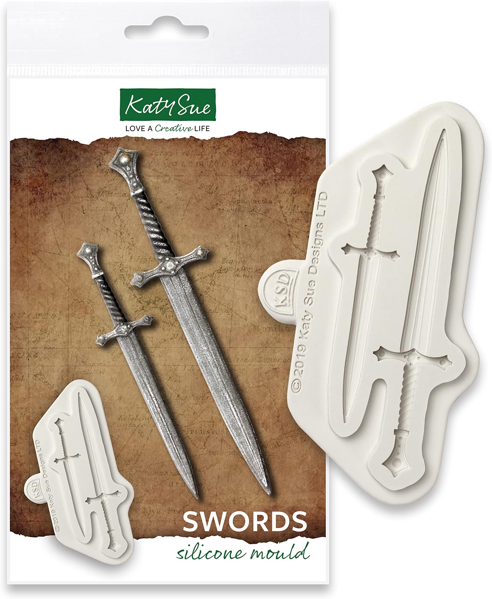 Katy Sue Swords Silicone Mould for Cake Decorating & Craft. Makes 2 Swords 12 & 9cm for Fondant, Sugar Paste, Air Dry Clay from Katy Sue Moulds. Makes Cake Decorating Embellishments or Toppers