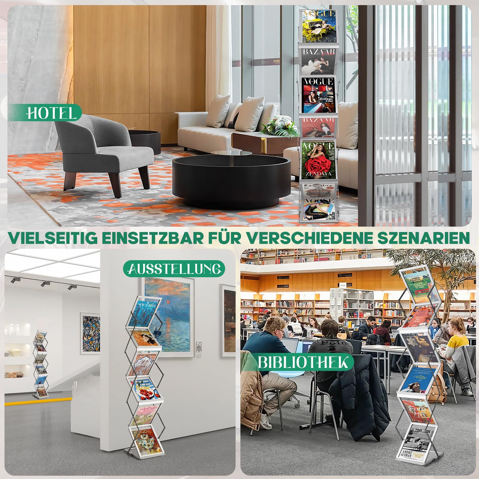 SUNDOY Tragbarer A4 Prospektständer mit 6 Ausstellungsfächern – Beidseitiger, faltbarer Bodenständer für Broschüren, Flyer, Zeitschriften und Kataloge für Ausstellungen, Showroom & Empfang
