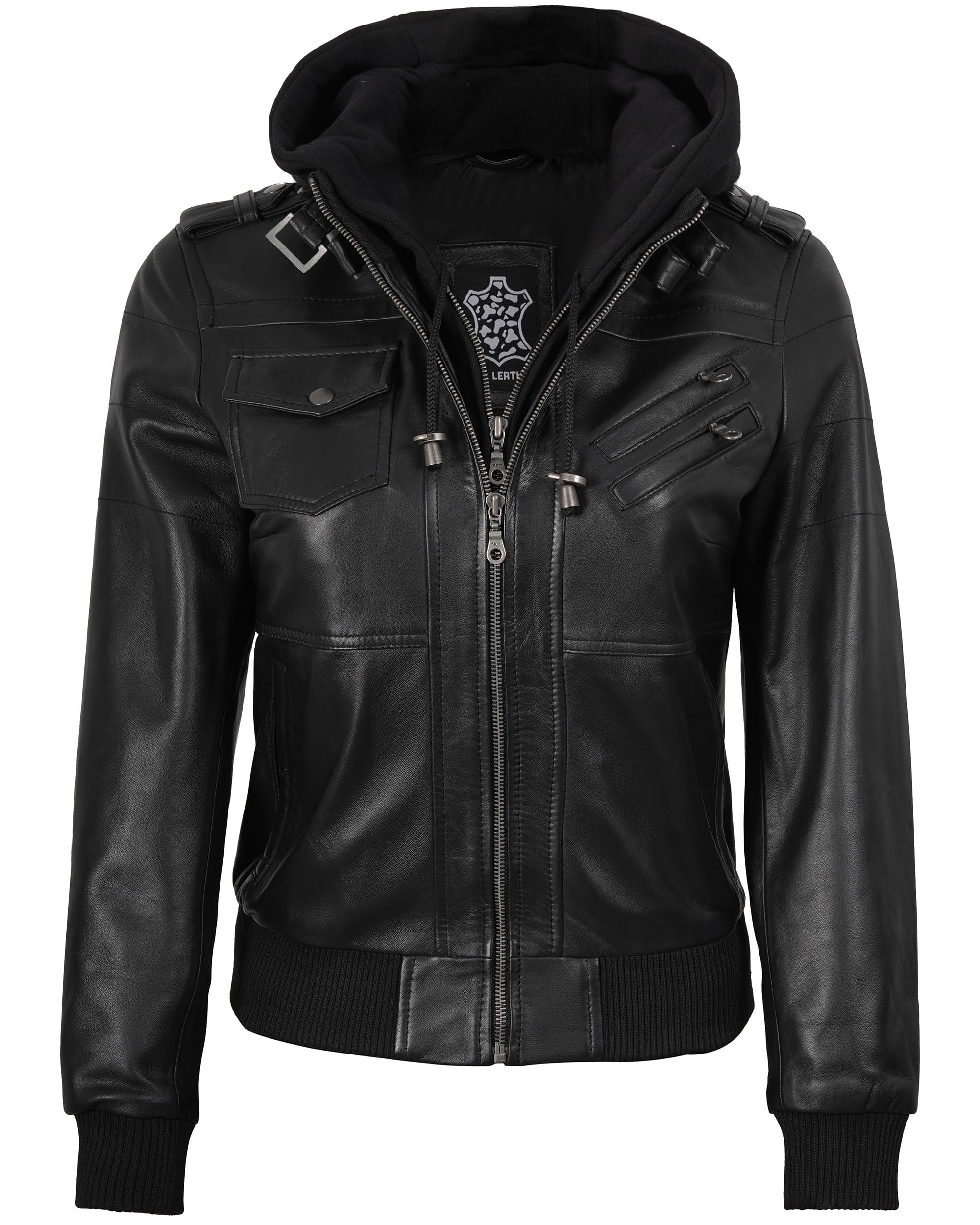 fjackets Blouson bomber en cuir pour femme - Veste en cuir d'agneau véritable pour femme avec capuche amovible - Veste à capuche pour femme