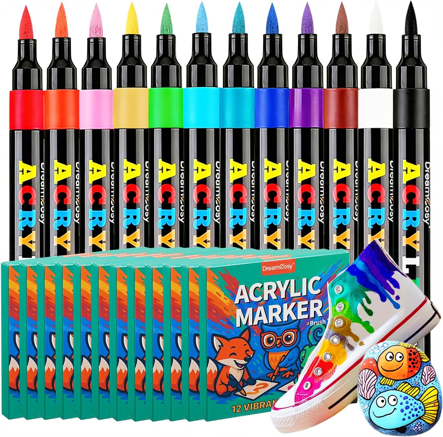 Acrylic Paint Markers, 144 Pack with 12 Colors Brush Tip Acrylic Paint Pens for Painting on Rocks, Canvas, Ceramic, Wood, Glass for Artists and Adults, Gift, Holiday Decorations & Art Supplies