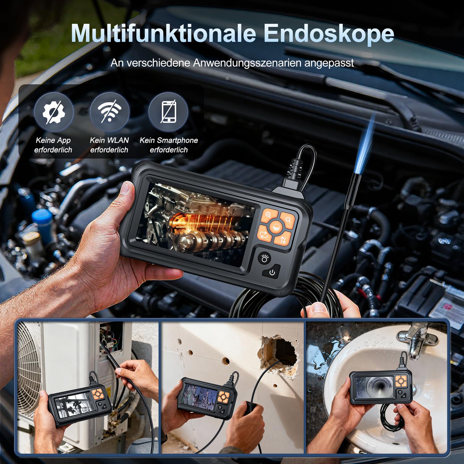 SKYBASIC Industrie-Endoskop, 4,3-Zoll IPS Digitales Endoskopkamera,1080P HD Kamera mit 8 LED-Lichtern, IP67 wasserdichtes Schlangenkamera, Inspektionskamera für Rohre, Autos, Wände, Bohrungen –20M