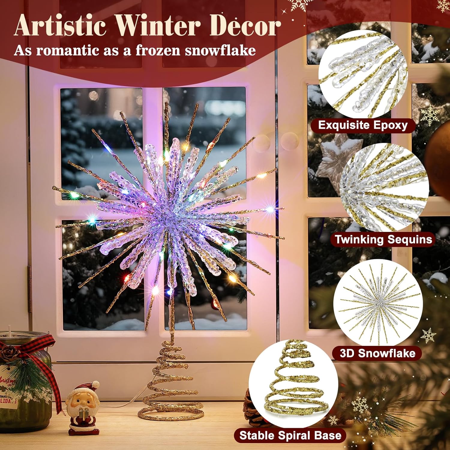 Lewondr Christmas Snowflake Tree Topper, 12.2in Xmas Tree Topper with Glittered Epoxy & 30 LED, Remote&USB Powered Snowflake Treetop, Xmas Decor for Home Party, 6H Timer&8 Modes, Colorful Light, Gold