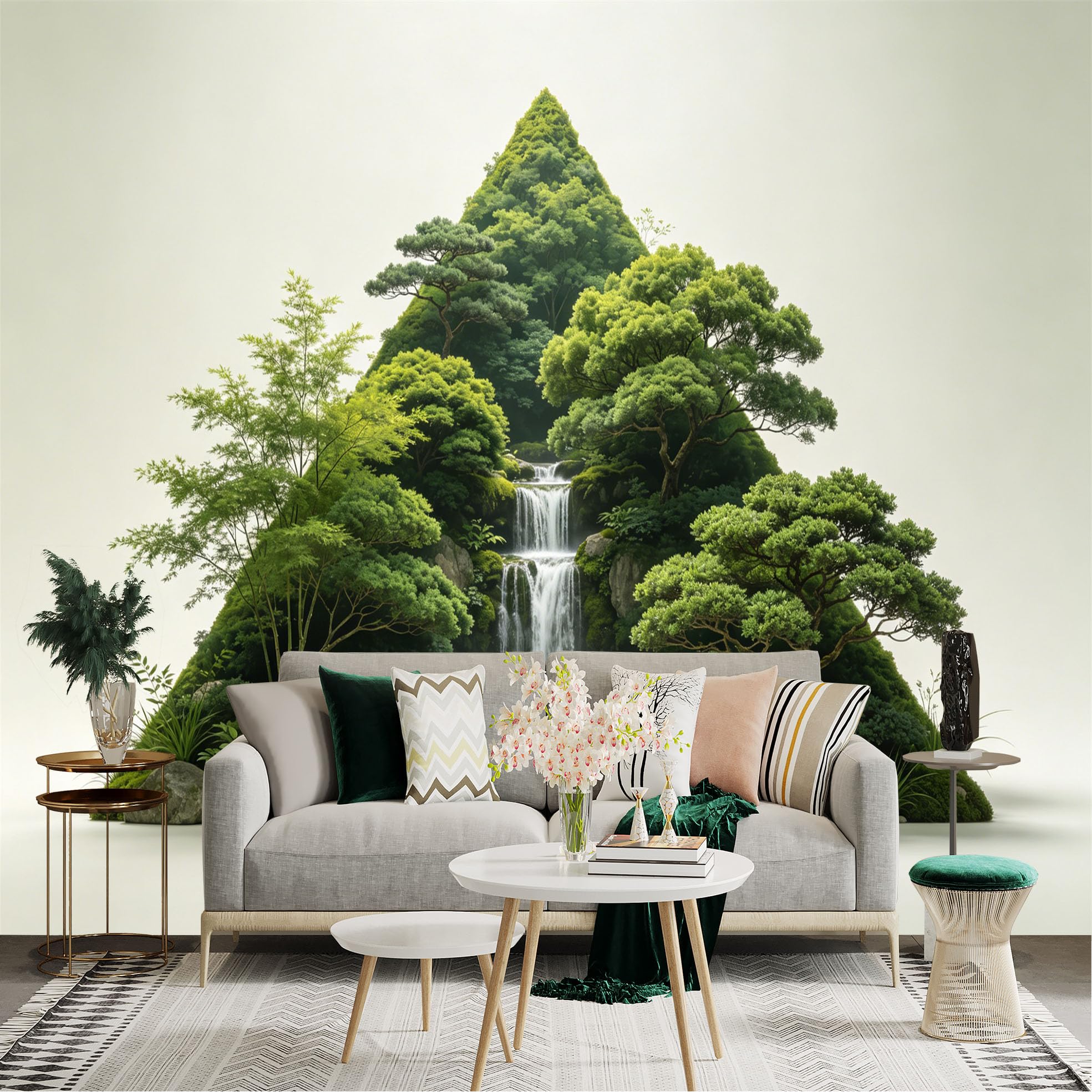 Lnzczhyre Dbh260521563 Custom Size Wall Sticker Mural， Serene Mountain Landscape， Cascading Waterfall， Lush Green Trees， Zen Nature Scenery， For Wall Decoration， Peelandstick Wall Decals.
