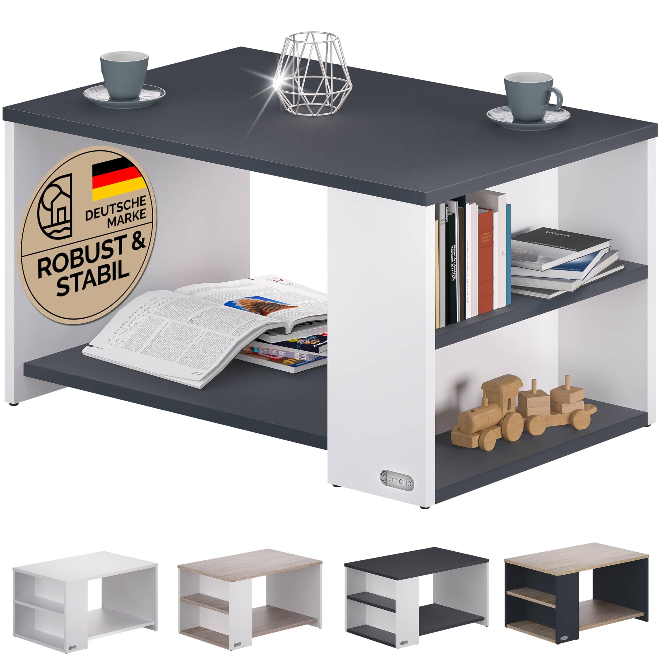 Casaria® Couchtisch mit Stauraum Weiß Grau Holz Wohnzimmertisch 90 x 60 x 50 cm Ablage Kratzfest 50kg Belastbar Eckig Modern Sofa Couch Beistelltisch