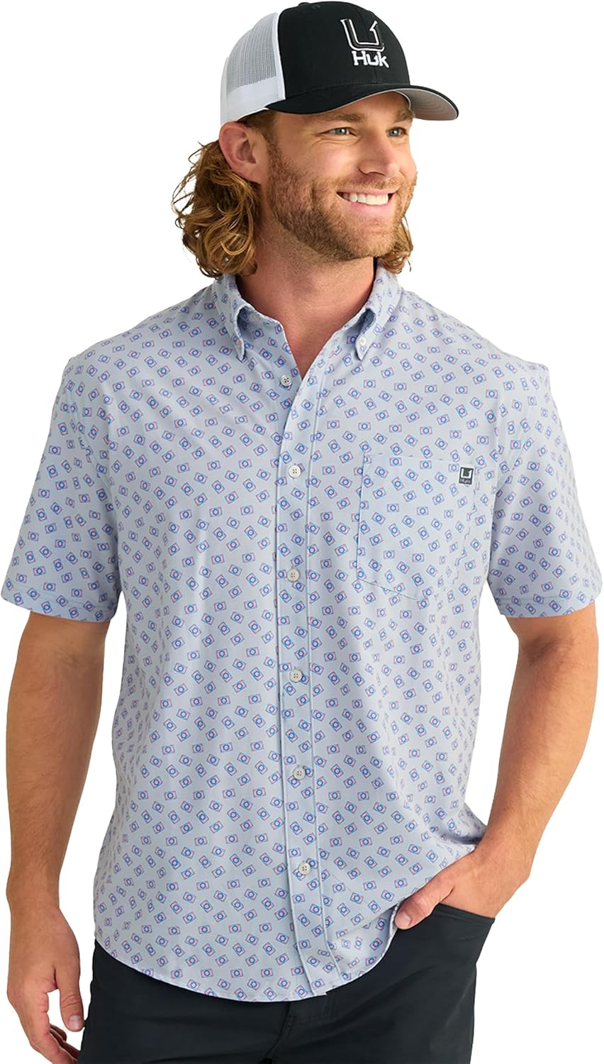 HUK Mens Kona Pattern Short Sleeve Fishing Button Down Shirt