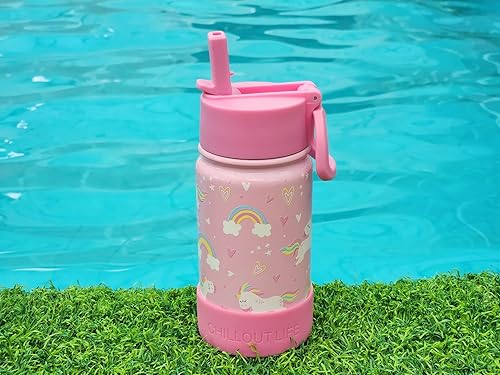 Miniatura 7 de CHILLOUT LIFE - Botella de agua aislada de 12 onzas con tapa con pajilla para niños , a prueba de fugas y bonitas calcomanías impermeables, termo de