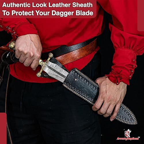 Miniatura 4 de Armory Replicas Daga ceremonial vikinga medieval forjada a mano de acero de Damasco Guardia de latón, funda de cuero genuino Patrones únicos, hoja