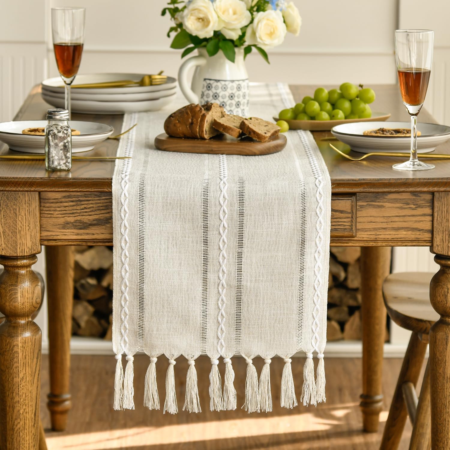 Artoid Mode Boho Sage Green Table Runner With Tassels Rustic