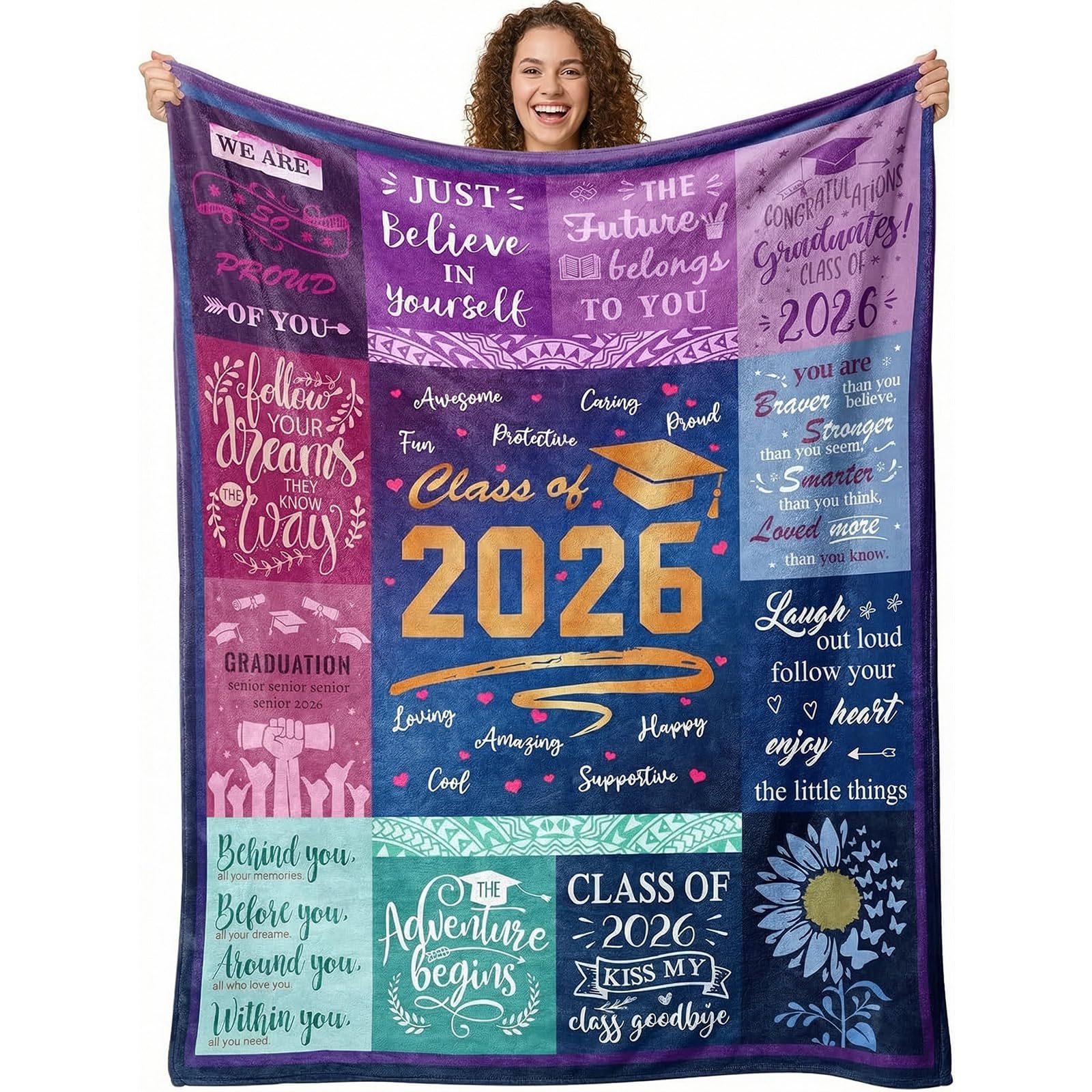 Graduation Gifts Blanket, 130x150cm Class of 2026 Graduate, Inspirational Quotes Print Throw Blanket, Congratulations Gifts for Graduates Daughter Son Friend Classmate (Blue)