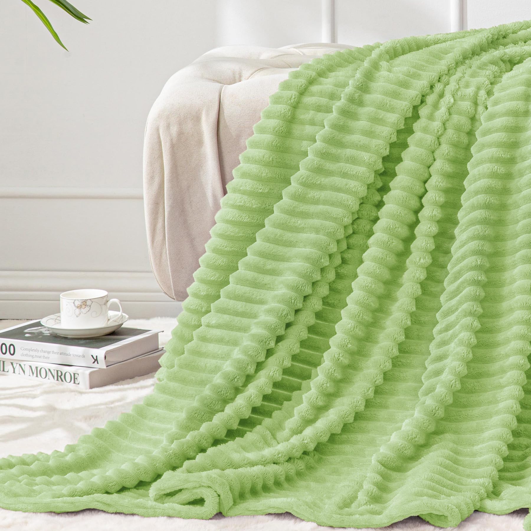 BEDELITE Ribbed Jacquard Green Fleece Twin Blanket for Bed, 60x80 Inch | Soft Warm Decorative Fluffy Blanket, Cozy Plush Lightweight Fuzzy Throw Blanket for Couch Sofa Room Decor, Gift for Women