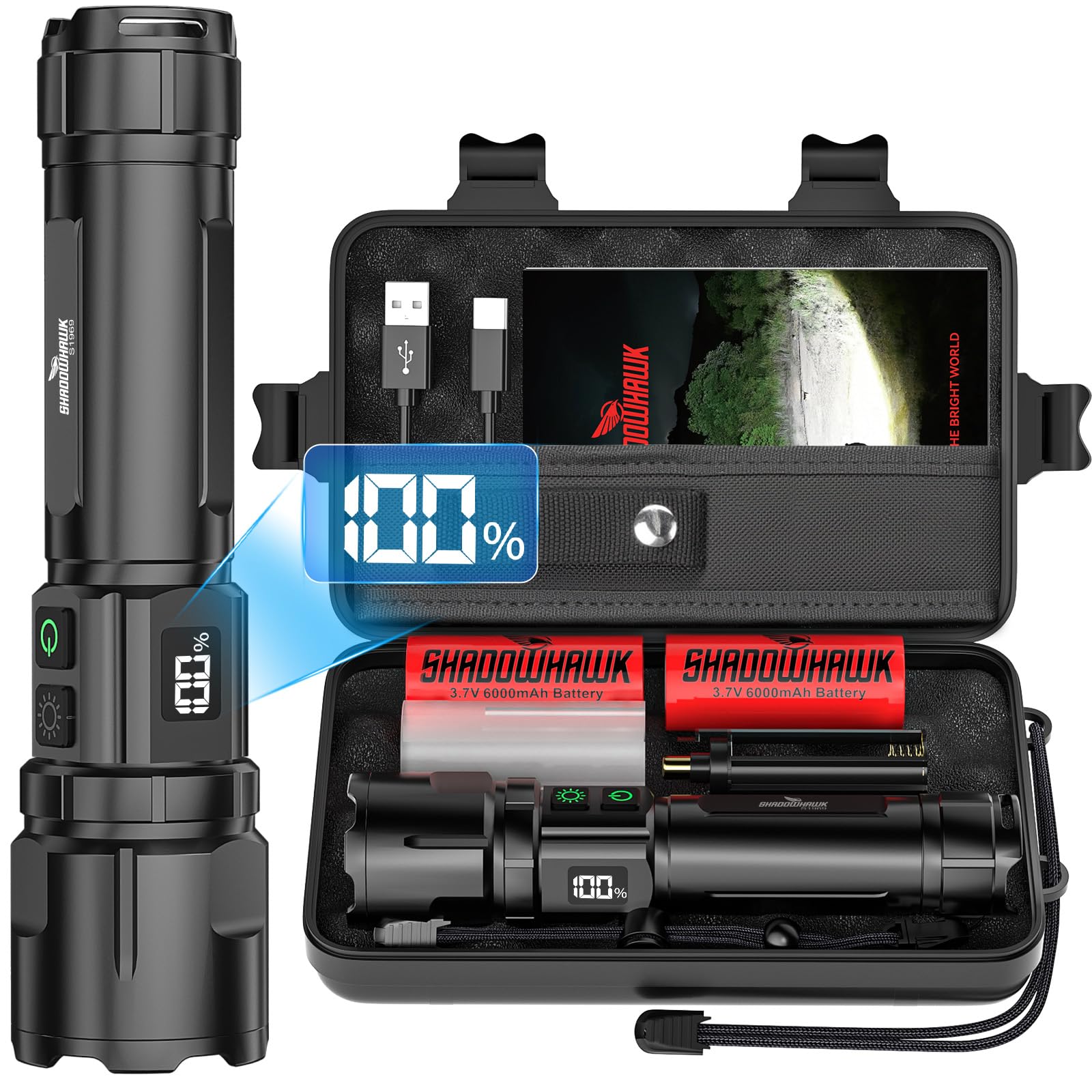 Shadowhawk Taschenlampe LED Aufladbar 500000 Lumen-24h Laufzeit mit 2 Akkus | 1000m Reichweite & Anpassbare Helligkeit, LCD Anzeige Doppelschalterfür Taktische Taschenlampe for Camping/Outdoor/Wandern