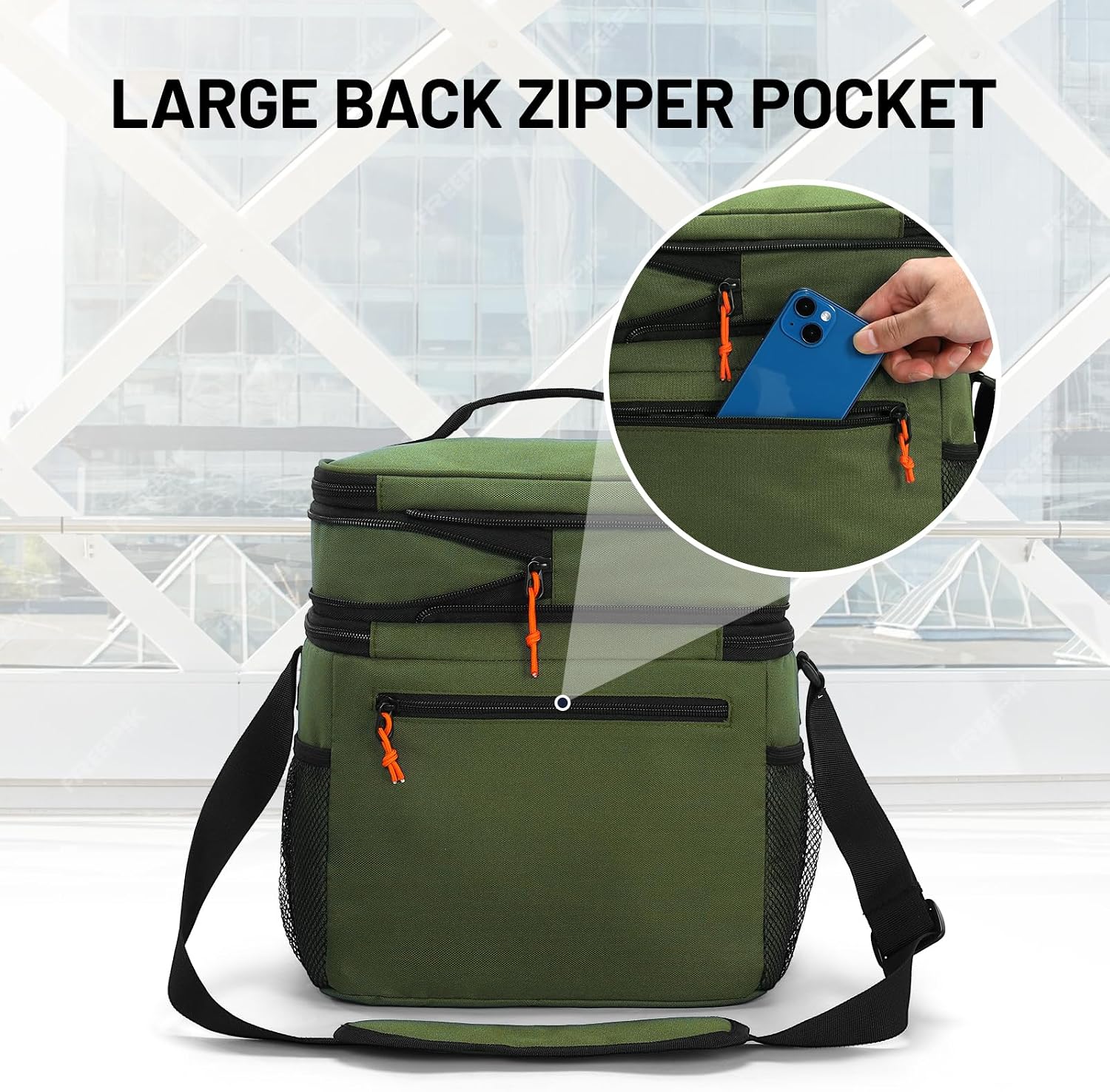 MIER Lunch Box for Men Expandable Insulated Dual Compartment Lunch Bag Leakproof Cooler Bag with Front and Back Pockets for Adult Work Travel Picnic Beach, Army Green