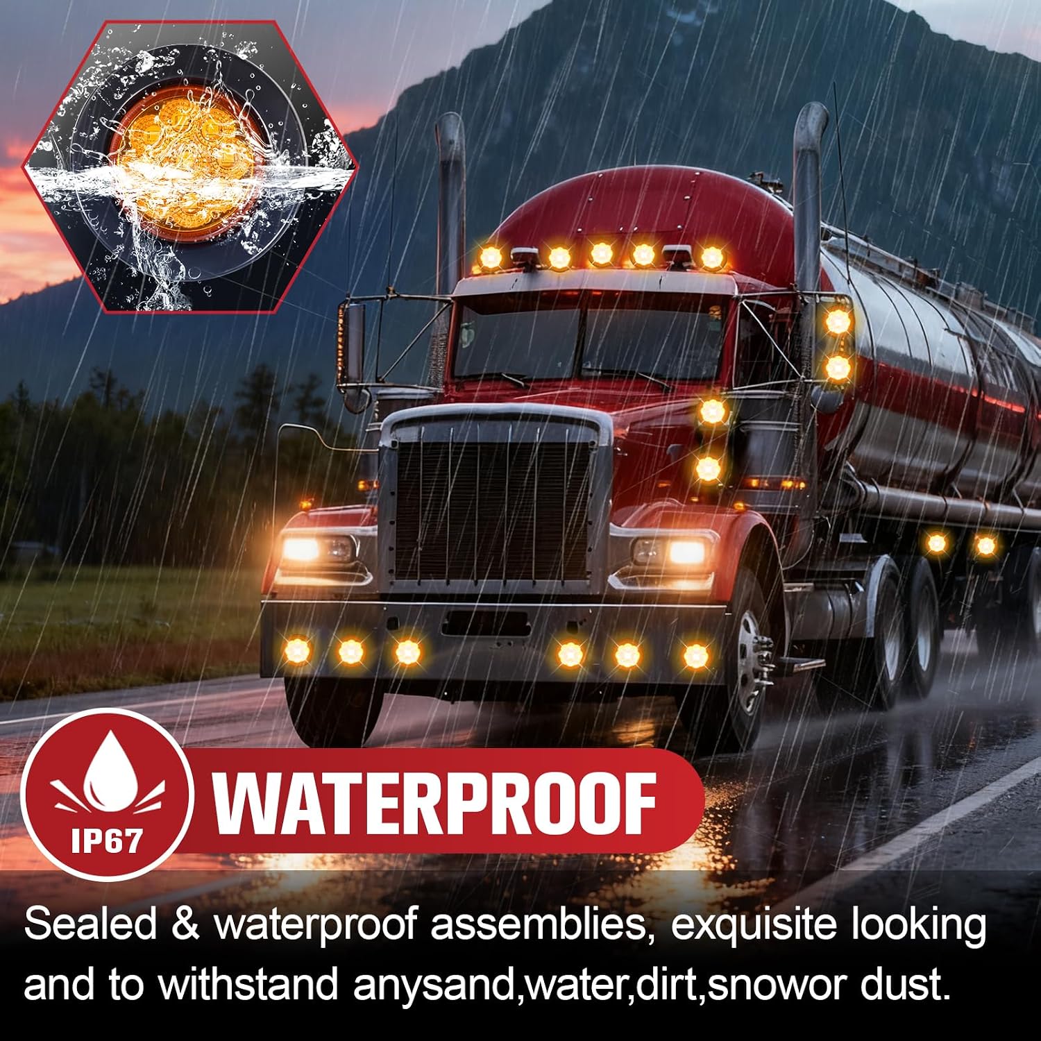 10PCS Amber 2 Inch 9 LED Side Marker Lights with Rubber Rings, Round Trailer Marker Lights with Grommet & Wire Pigtail for Truck Trailer RV, IP67 Waterproof,12V, DOT Approved