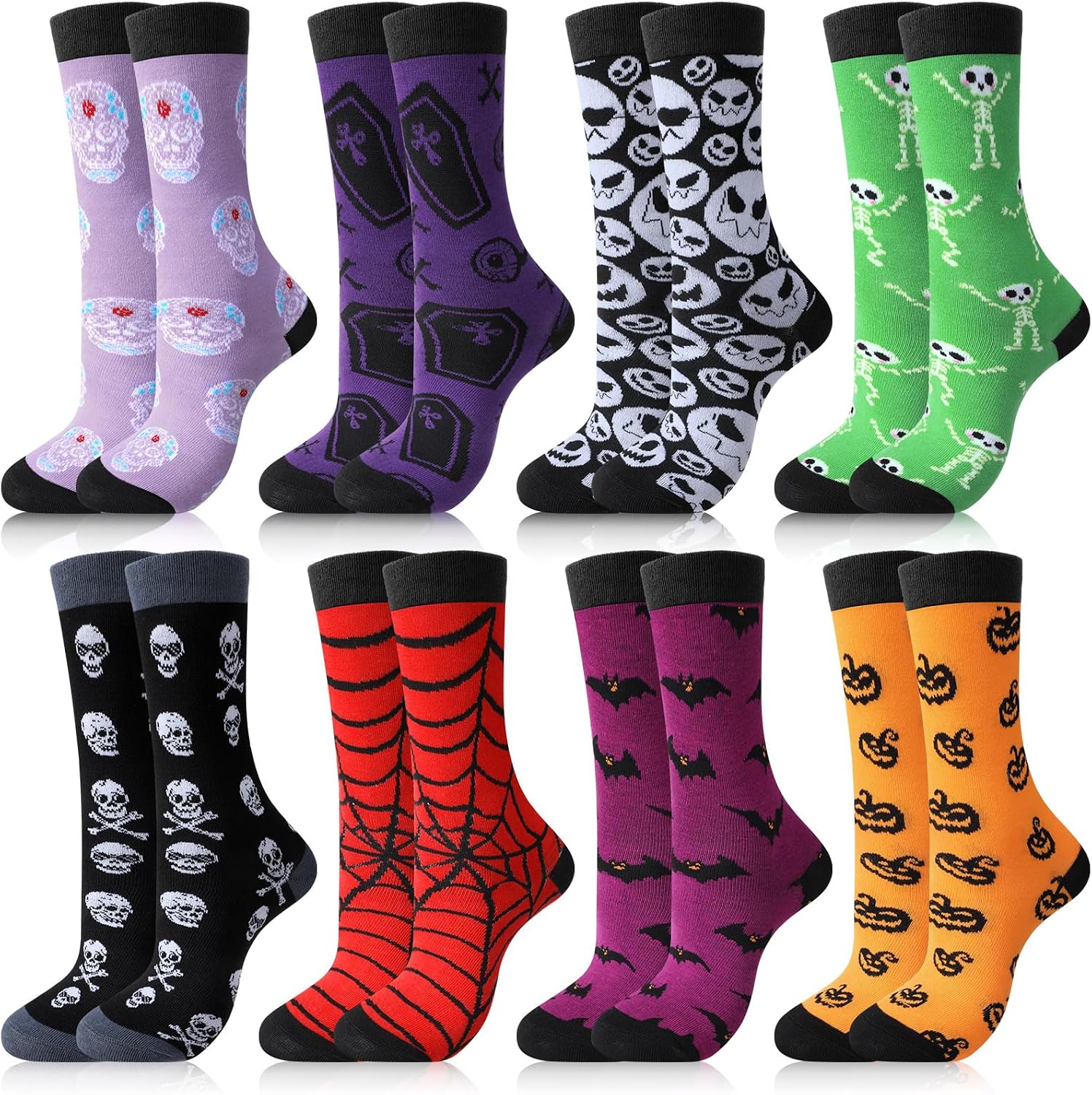Jiuguva 8 Pairs Mens Halloween Socks Novelty Fun Holiday Ghost Skeleton Bats Spider Web Printed Crew Socks for Men Women