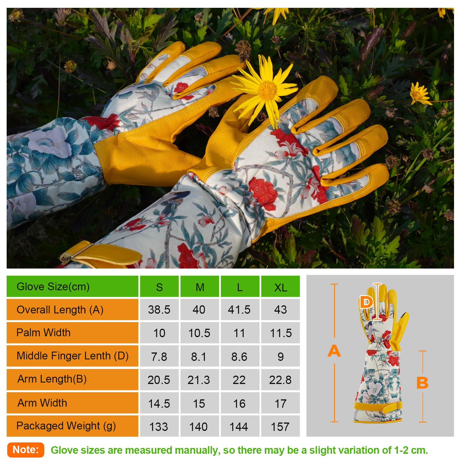 Guantes largos de jardinería para mujer, guantes de piel sintética Gauntlet impermeables para rosas, guantes de trabajo de jardinería para trabajos domésticos (amarillo, L) (M)