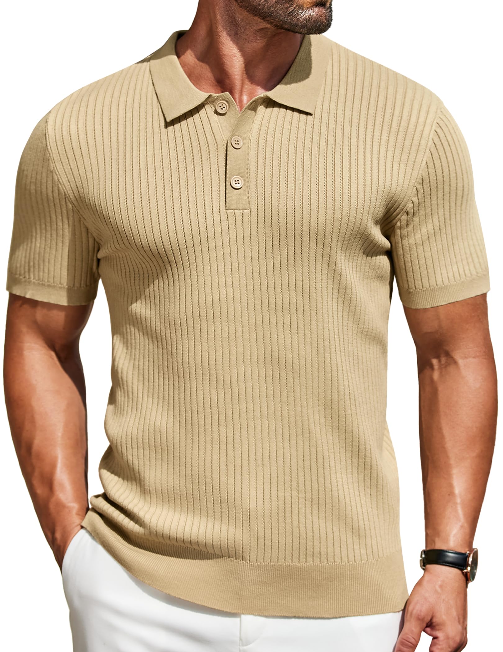 COOFANDY Strick Poloshirt Herren Kurzarm Sommer T-Shirts Gestrickte Polo Shirts Freizeit Golf Tops Stretch Slim Fit Beige S