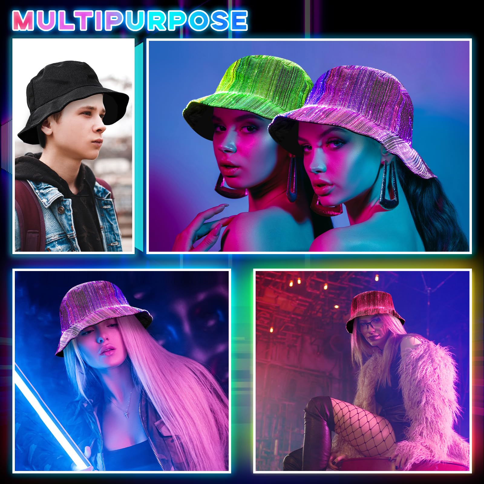 Geyoga Cappello da pescatore a LED con luce rave, 7 colori che si illuminano al buio, cappello luminoso in fibra ottica, ricarica USB, per uomini e donne