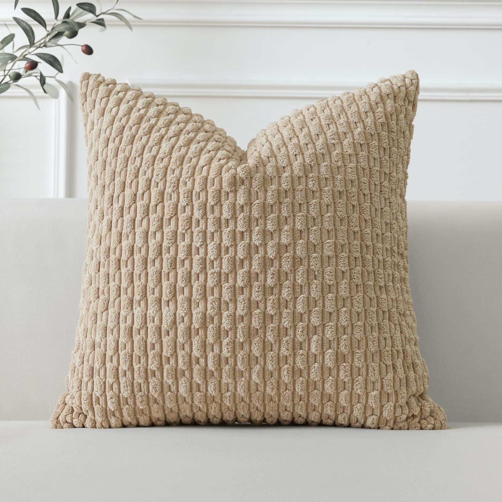 Sungeek Set of 1 Tan Soft Corduroy Decorative Cushion Cover Boho Striped Throw Pillow Cover for Sofa Couch Living Room Patio Farmhouse Home Decor Pillowcase 40x40cm