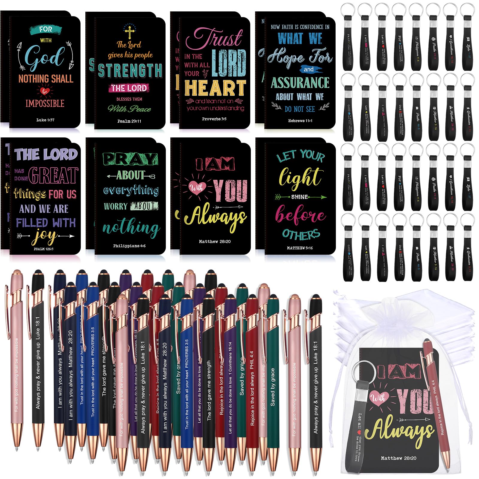 Pajean 128 Pcs Inspirational Christian Gifts Bulk Religious Notebooks Journal Ballpoint Pens Bible Keychains Organza Bags for Sunday School Church Members Teachers Employee Favors Supplies