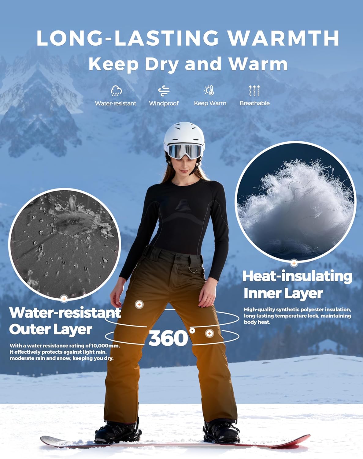 Wantdo Women's Waterproof Ski Pants Insulated Snow Pants Windproof Snow Pants