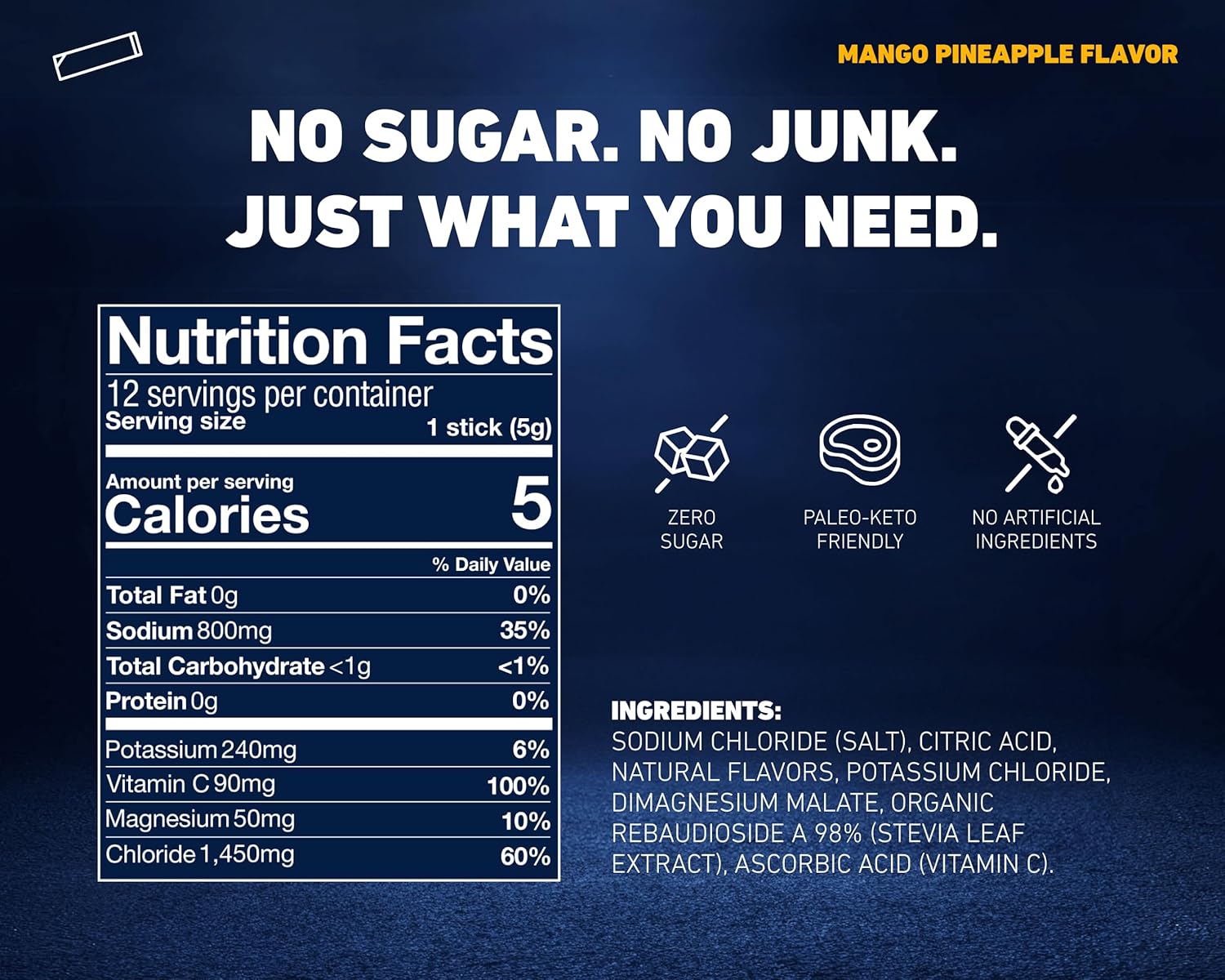 Mango Pineapple Electrolytes | HSA FSA | 800mg Sodium | Stevia-Sweetened & Sugar Free Electrolyte Powder | Hydration for Sweat Revocery, Fasting, POTS | Makes 32 Fl Oz (Pack of 12) - Image 3