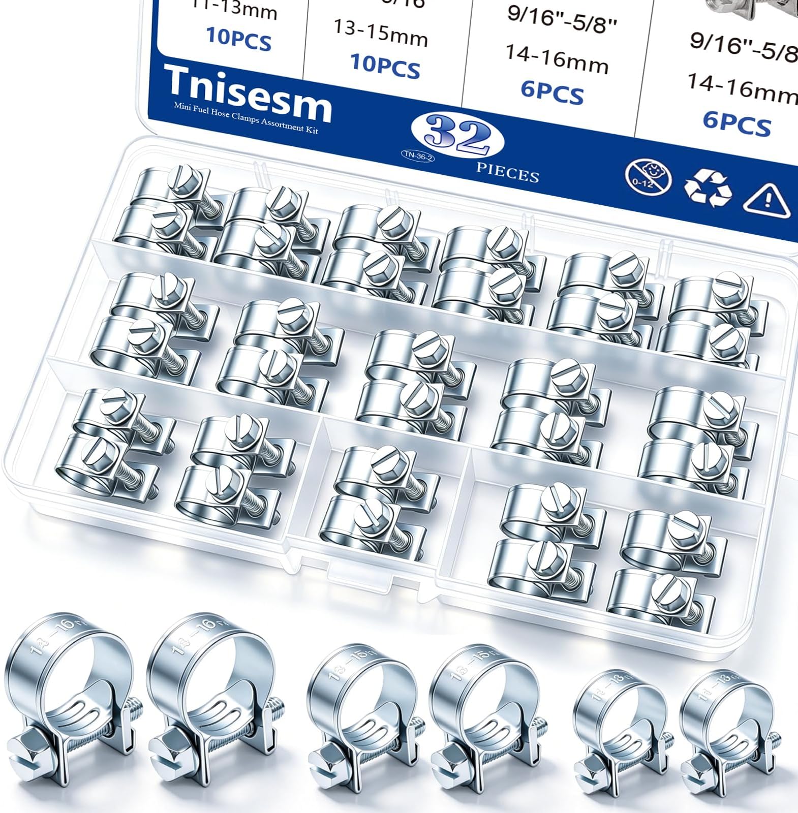 Tnisesm 32Pcs 1/4" 5/16" 3/8" Fuel Injection Gas Line Hose Clamps Clip Pipe Clamp Assortment Kit, Hoses Clamps Sleeving,for Automotive Diesel Petrol Pipe
