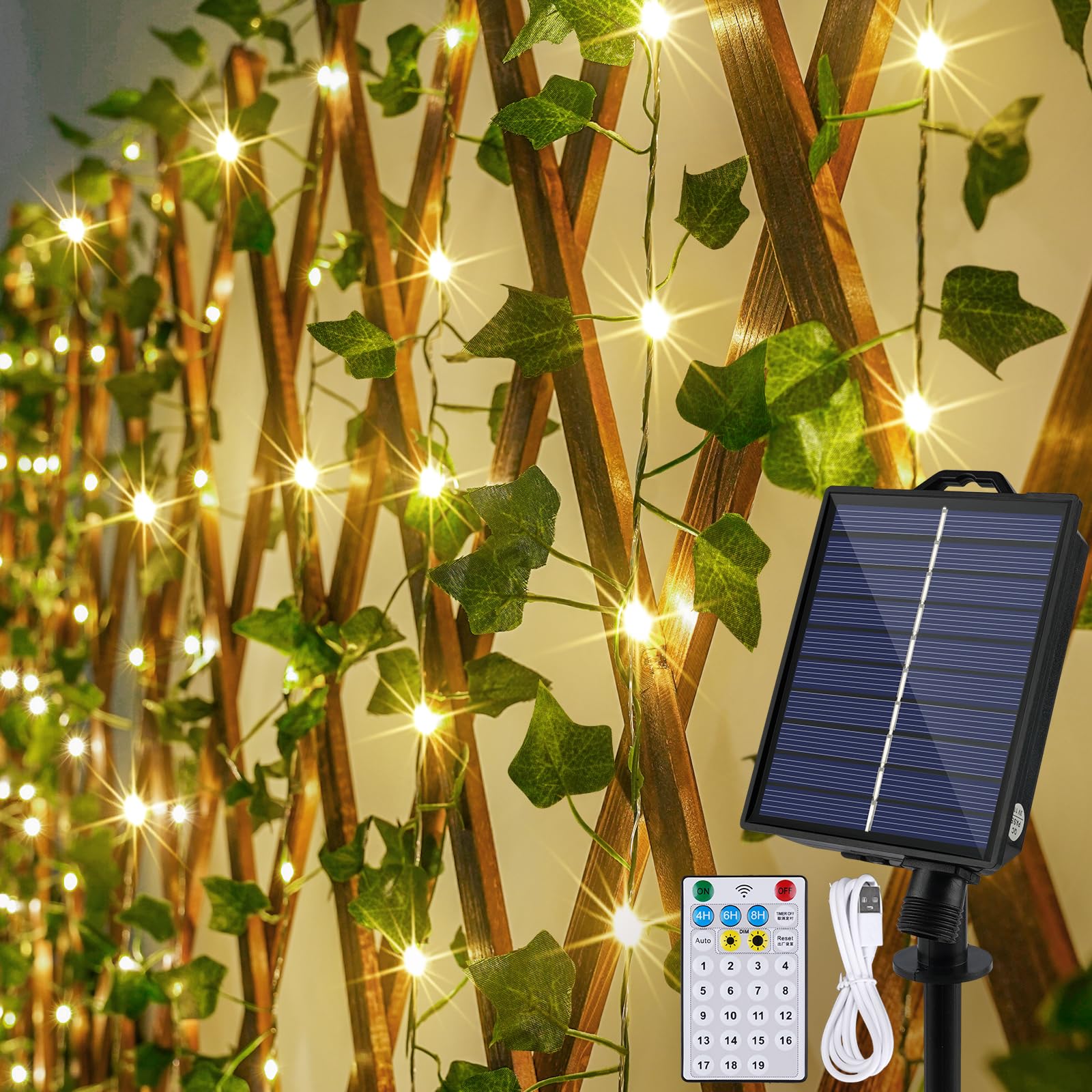 StarryEver Cadena de luces LED para exterior solar y USB, 20 m, 200 LED, resistente a la intemperie, hiedra artificial, guirnalda de luces para exteriores, con mando a distancia, para jardín, boda