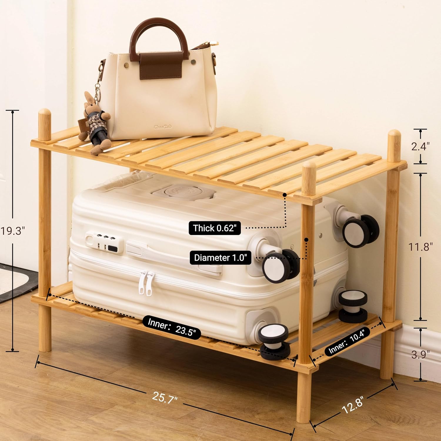 GOGOGO 2-Tier Expandable Bamboo Bookshelf - 150LBS Heavy-Duty, Tool-Free Assembly, Multifunctional Storage for Bathroom/Kitchen/Office Holder Plant Flower Stand,Luggage Rack for Guest Room