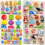 QUOKKA Wooden Puzzles for Toddlers 2-4 - Chunky Toddler Puzzles Ages 3-5 - Learning Travel Game with Numbers Alphabet Shapes - Wood Educational Gift for Boys and Girls