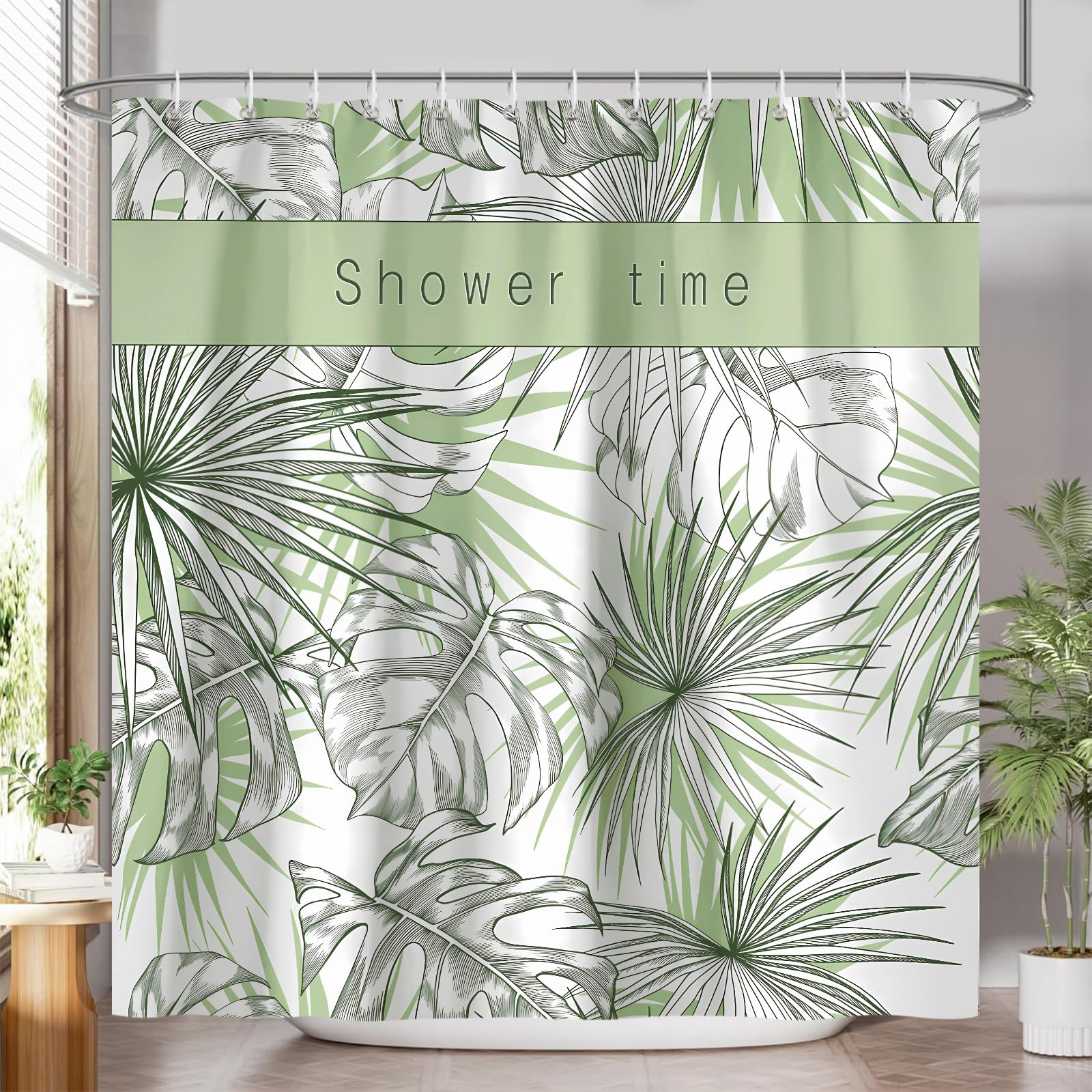 COZZSNUGE Tropical Leaves Shower Curtain, Green Palm Leaf Botanical Summer Shower Curtain for Bathroom, Waterproof Polyester with 12 Hooks, 72 x 72