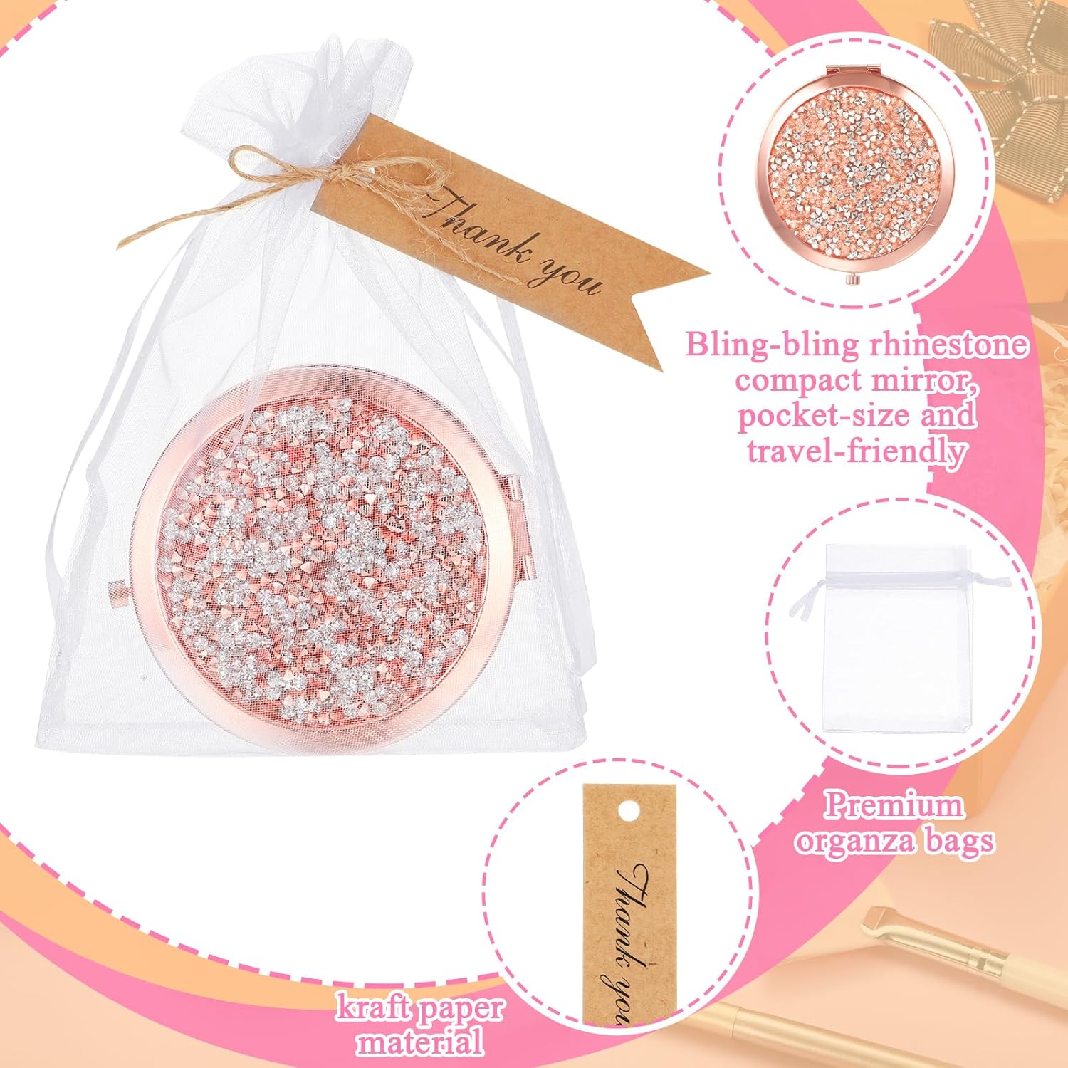 12 Sets Small Compact Mirror Round Pocket Makeup Mirror with Thank You Tags, Twine, Organza Bags Magnifying Rhinestone Cosmetic Mirror for Purse Women Girls (Classic Colors)