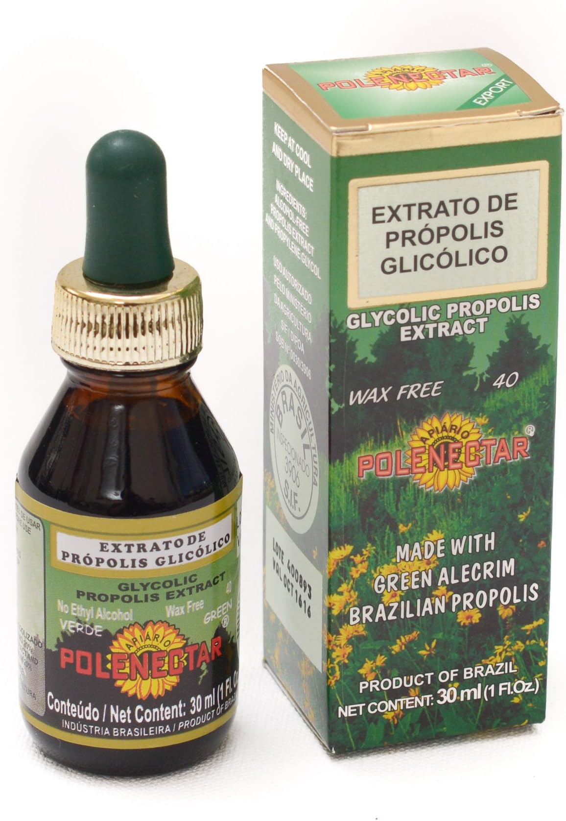 Green Propolis Polenectar Brazilian Extract WF40 Wax Free Alcohol Free - 30 ml By JLBrazil