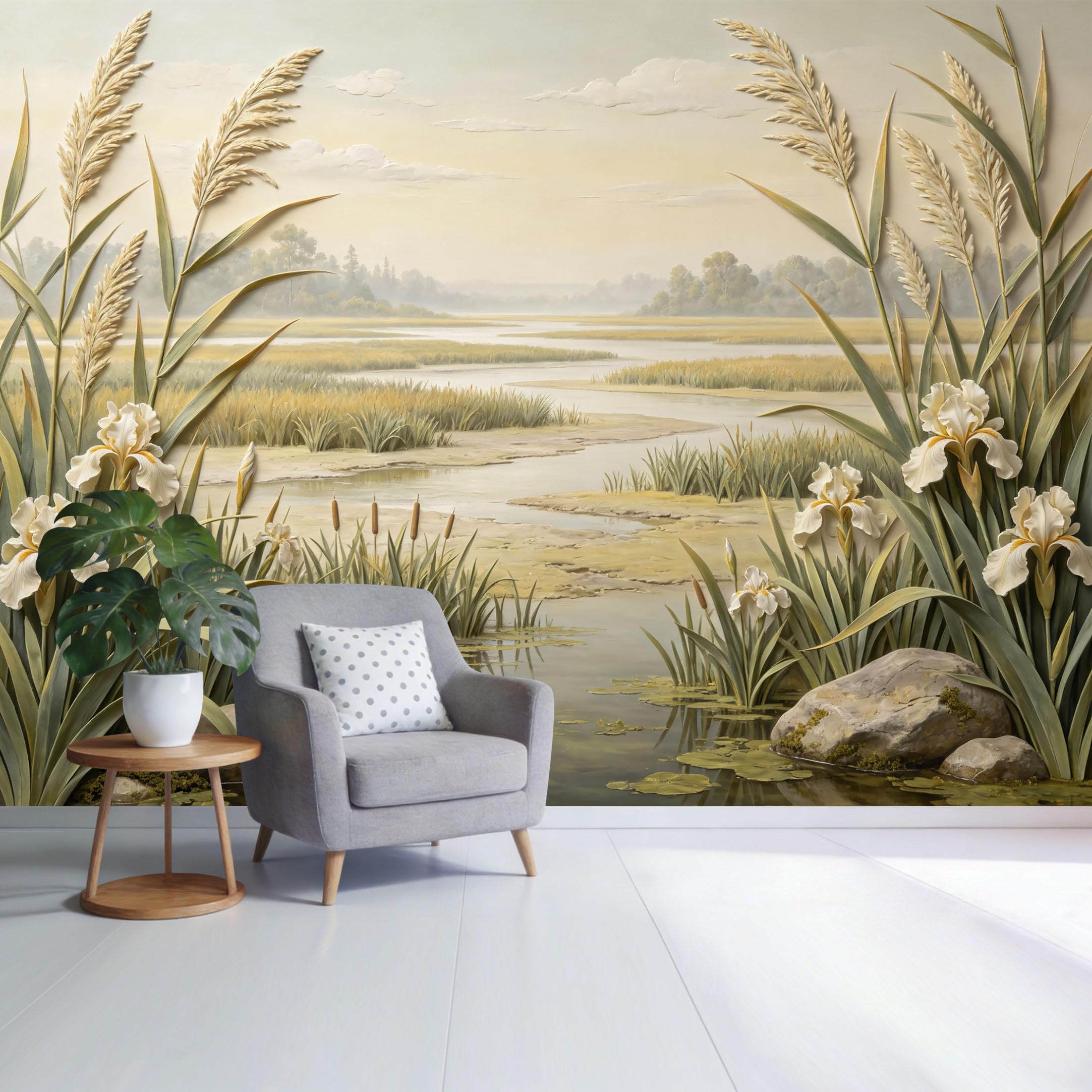 Custom Size Wall Mural Tranquil Botanical Lake Landscape with White Iris Flowers and Reeds SelfAdhesive Wall Fabric Removable Wallpaper for Home Office Decor