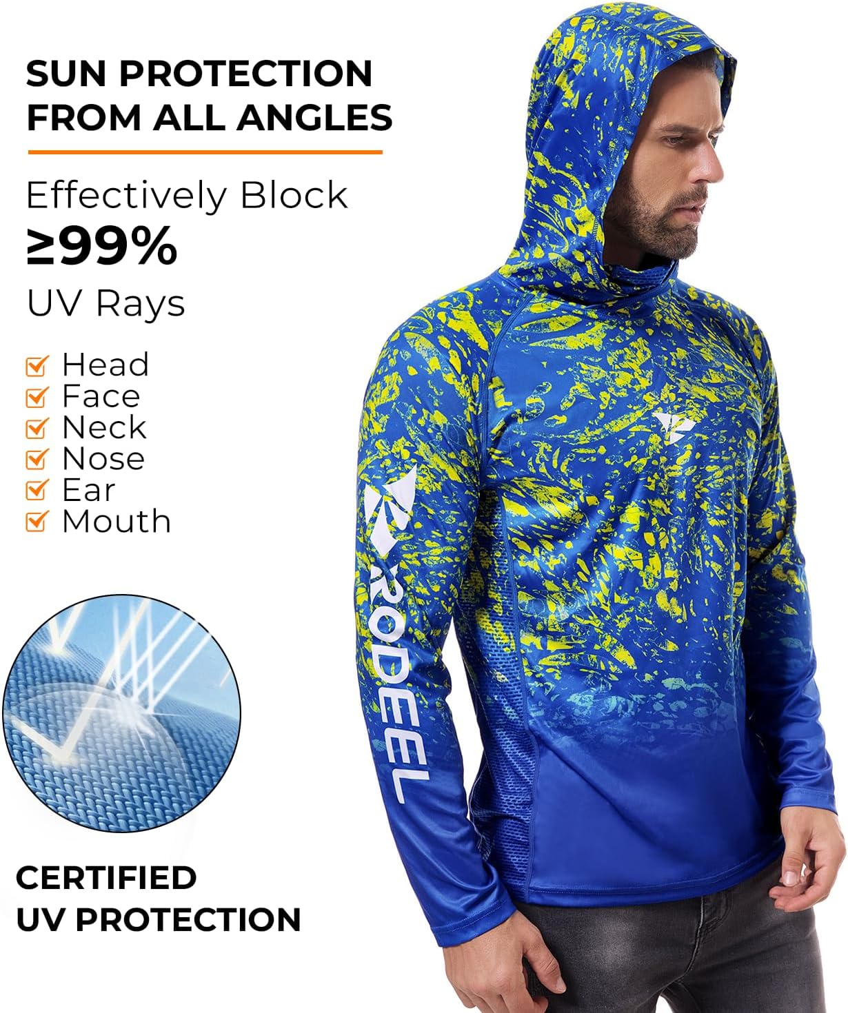Rodeel UPF 50+ Men’s Long Sleeve Performance Fishing Hiking Shirt with Mask UV Neck Gaiter Hoodie