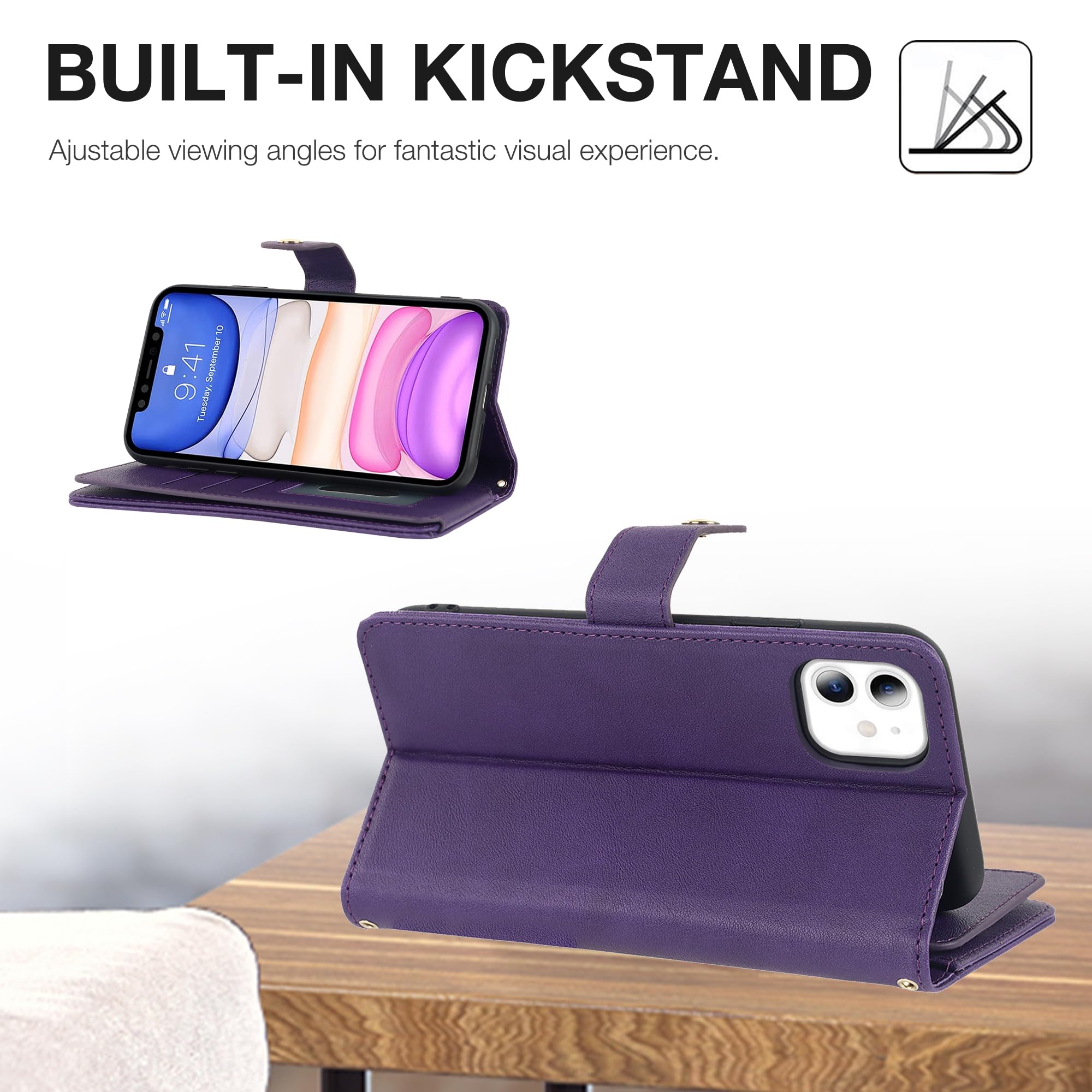 Custodia Per IPhone 11 Con Portafoglio E Cordino - Pelle PU, 6 Slot Carte, Supporto Pieghevole, Oro Rosa - Foto 2