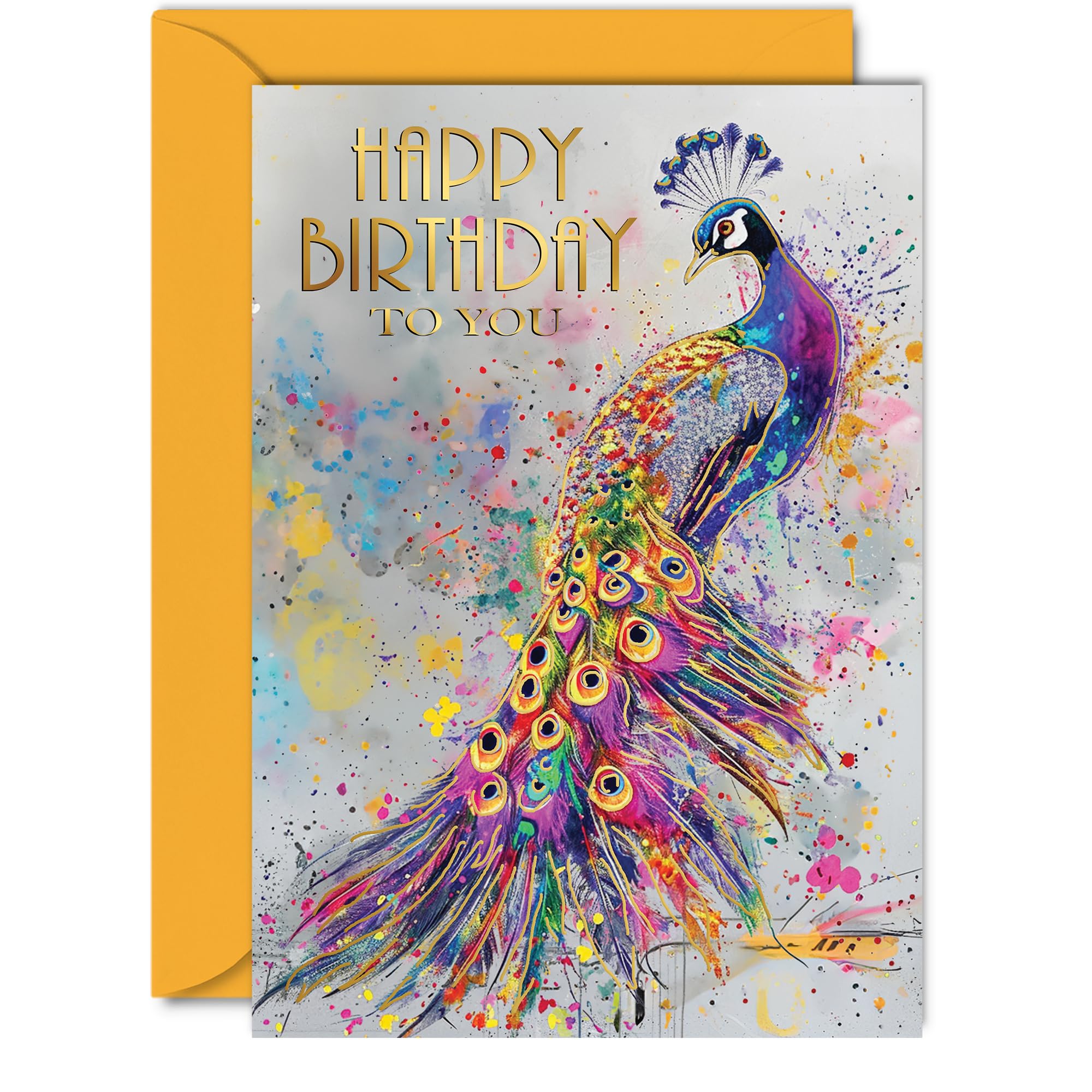 Beautiful Gold Birthday Cards for Women Her - Slender Peacock - Elegant Traditional Pretty Birthday Card for Mum Daughter Grandma Auntie Granddaughter, A5 Gorgeous Greeting Cards Gift
