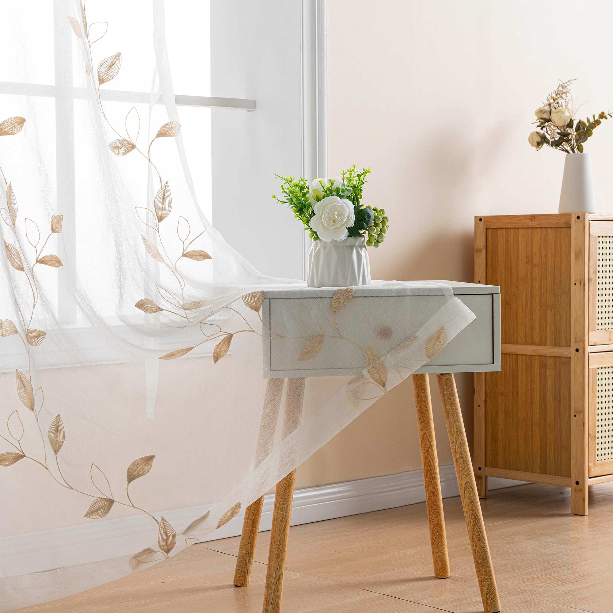 DWCN Embroidery Sheer Curtains Decoration Flora Design Grommet Window Curtain Semi Voile Drapes with Eyelets Window Treatments for Living Room Bedroom 2 Panels 52" W x 88" L Beige - Image 4