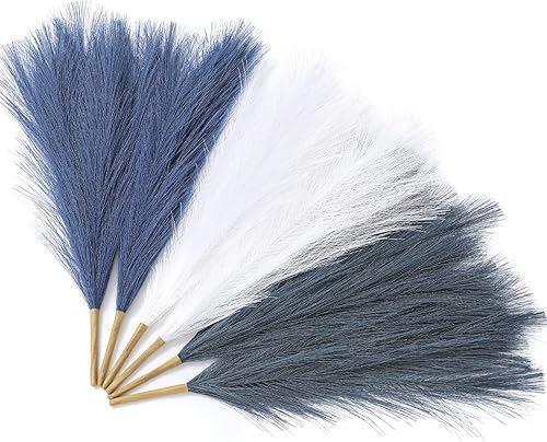 Serwalin Decoración de hierba de las pampas azul, 17 pulgadas, 6 piezas, hierba de las pampas sintética, azul marino y blanco, decoración de boda,