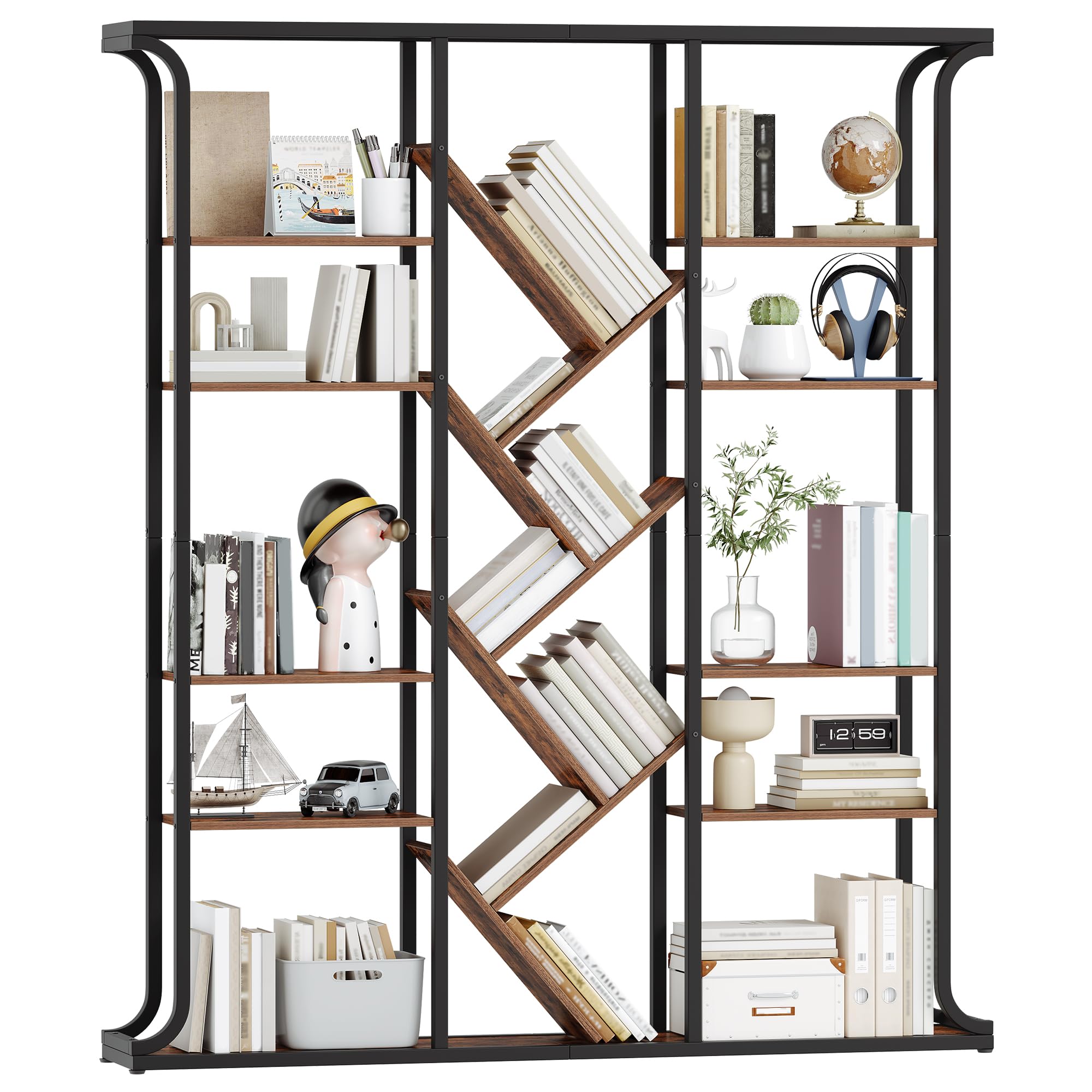 Hzuaneri Bücherregal, 3 Säulen 6 Tier Baumförmiges Bücherschrank, 17 Fächer offene unabhängige Regale, für Home-Office, Schlafzimmer, Wohnzimmer, 24 x 156 x 180 cm Vintage Braun-Schwarz BC53201B