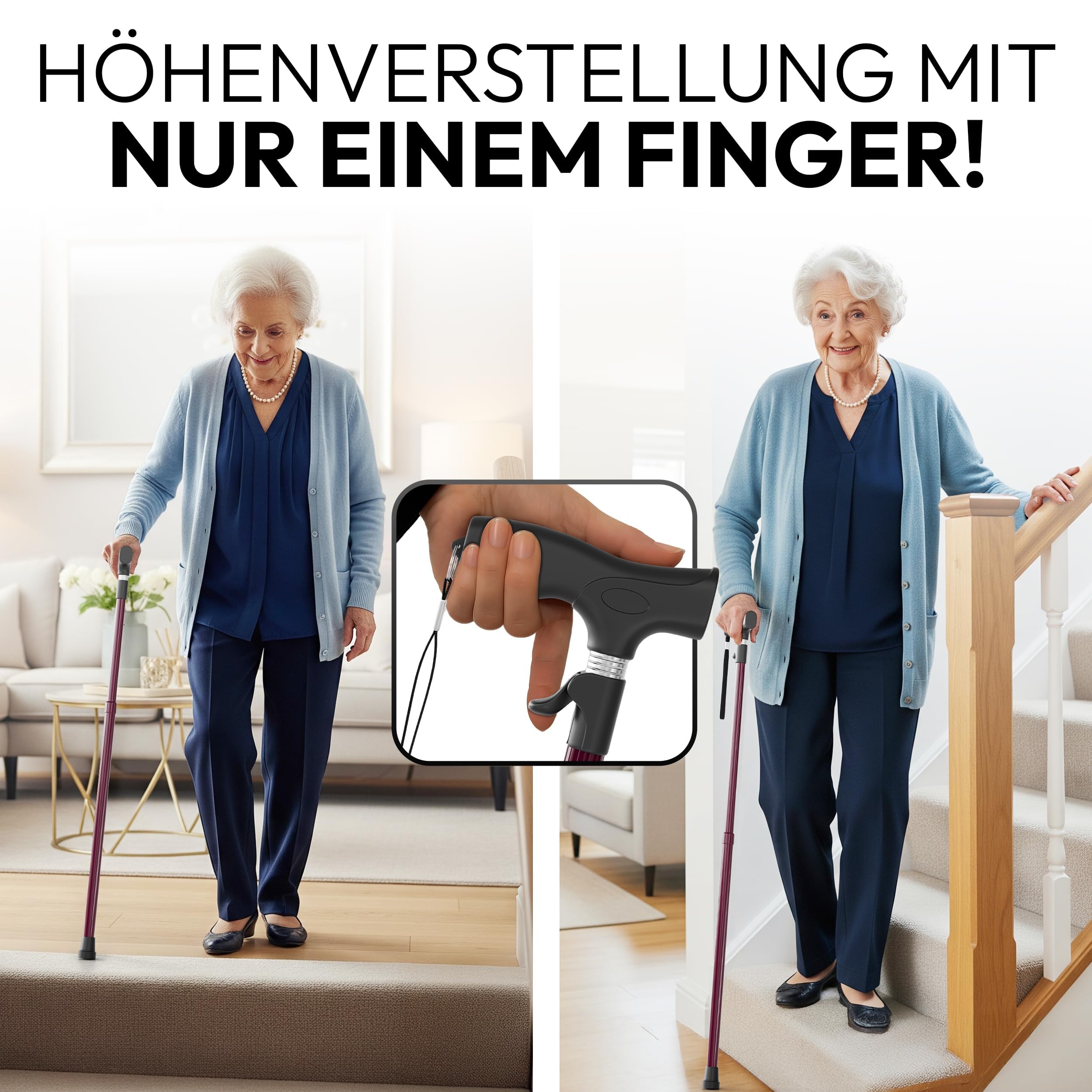 Gehstock Damen Herren – automatisch aufklappbar, höhenverstellbar 65–102 cm | Leichte Gehhilfe für Senioren mit Klickmechanismus, ergonomischem Griff und kompakt faltbarem Design für Alltag und Reisen.
