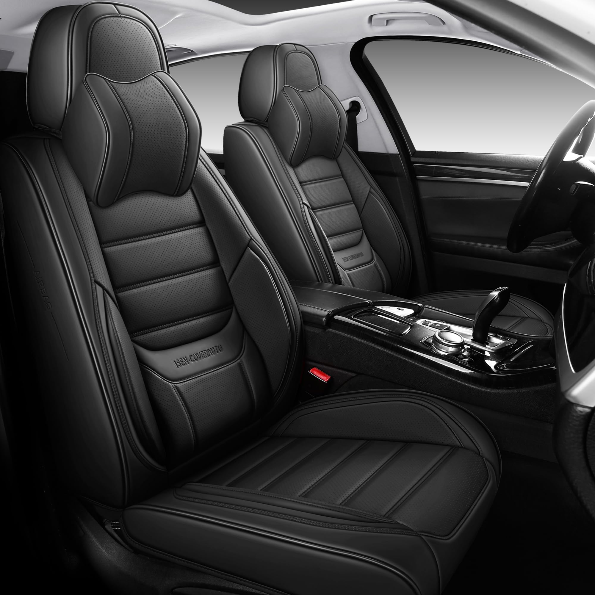 Full Coverage Faux Leather Car Seat Covers with Memory-Foam Neck Pillows Universal Fit for Cars,Trucks,SUVs with Waterproof Leatherette in Automotive Seat Cover Accessories