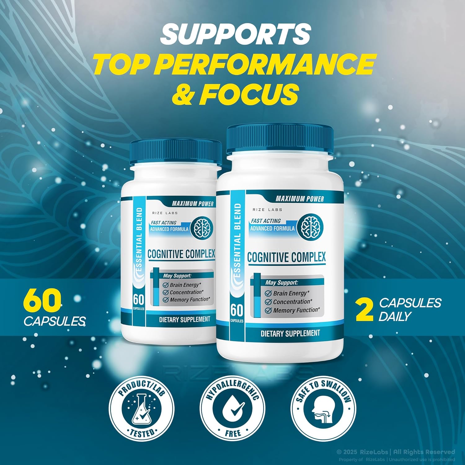 rize labs - Cognitive Complex Capsules – Daily Focus & Clarity Formula with a Balanced Blend for Alertness, Memory Support, and Everyday Wellness | Easy-to-Take Pills for Adults (180 Capsules)