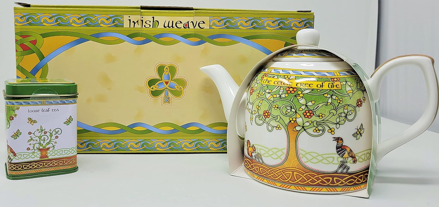 Royal Tara Set of 1 Irish Breakfast Loose Leaf Tea - Black Blend Tea in Reusable Tin and 1 1 Teapot Porcelain - Irish Tea Pot Celtic Tree of Life Tea Kettle Packed in Irish Weave Box